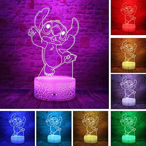 Lindo Kawaii Lilo and Stitch 2 Anime Character 3D Optical Illusion LED Decoración Dormitorio Lámpara de mesa con control remoto 7 colores Acrílico