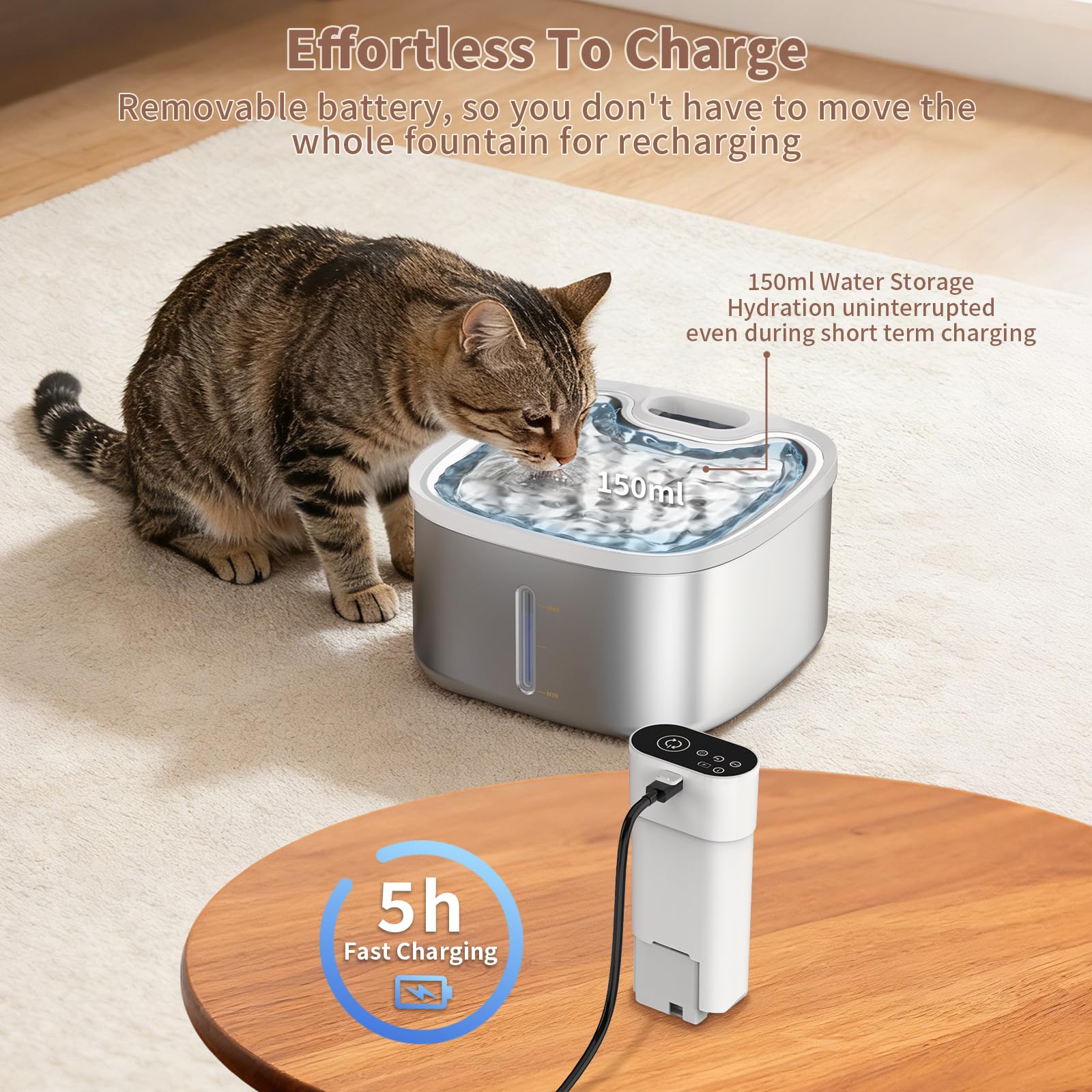 Cat Water Fountain Stainless Steel Wireless 118oz/3.5L–Cordless Battery-Operated Pet Water Dispenser with All-in-One Rechargeable Pump, 3 Smart Flow Modes,Quiet Indoor Fountain for Cats & Dogs - image 4