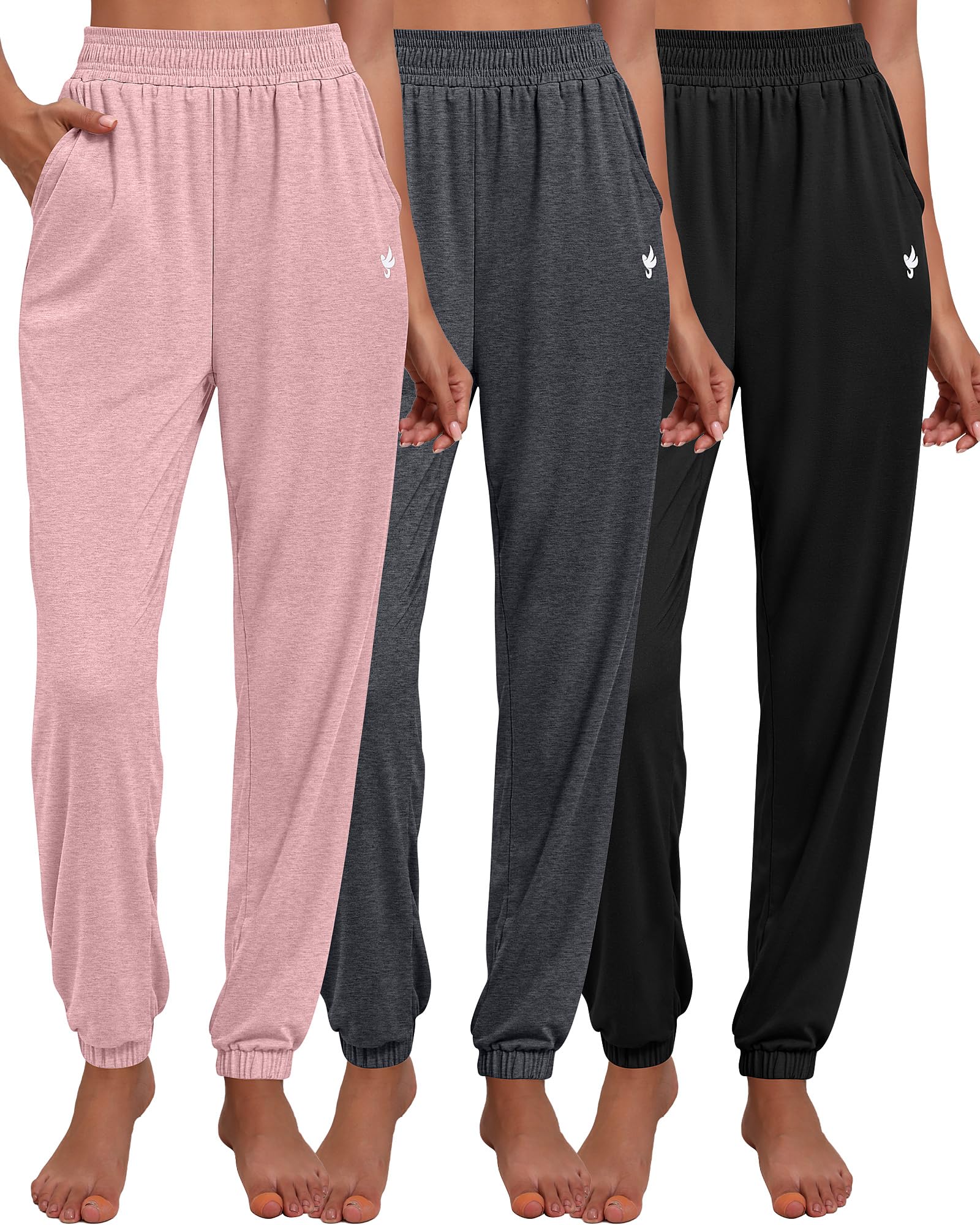 Ficerd 3 Pack Women Sweatpants Trendy Loose Fit Joggers Elastic Sporty Pants Athletic Baggy Lounge Trousers with Pockets (Black, Dark Gray, Pink,L)