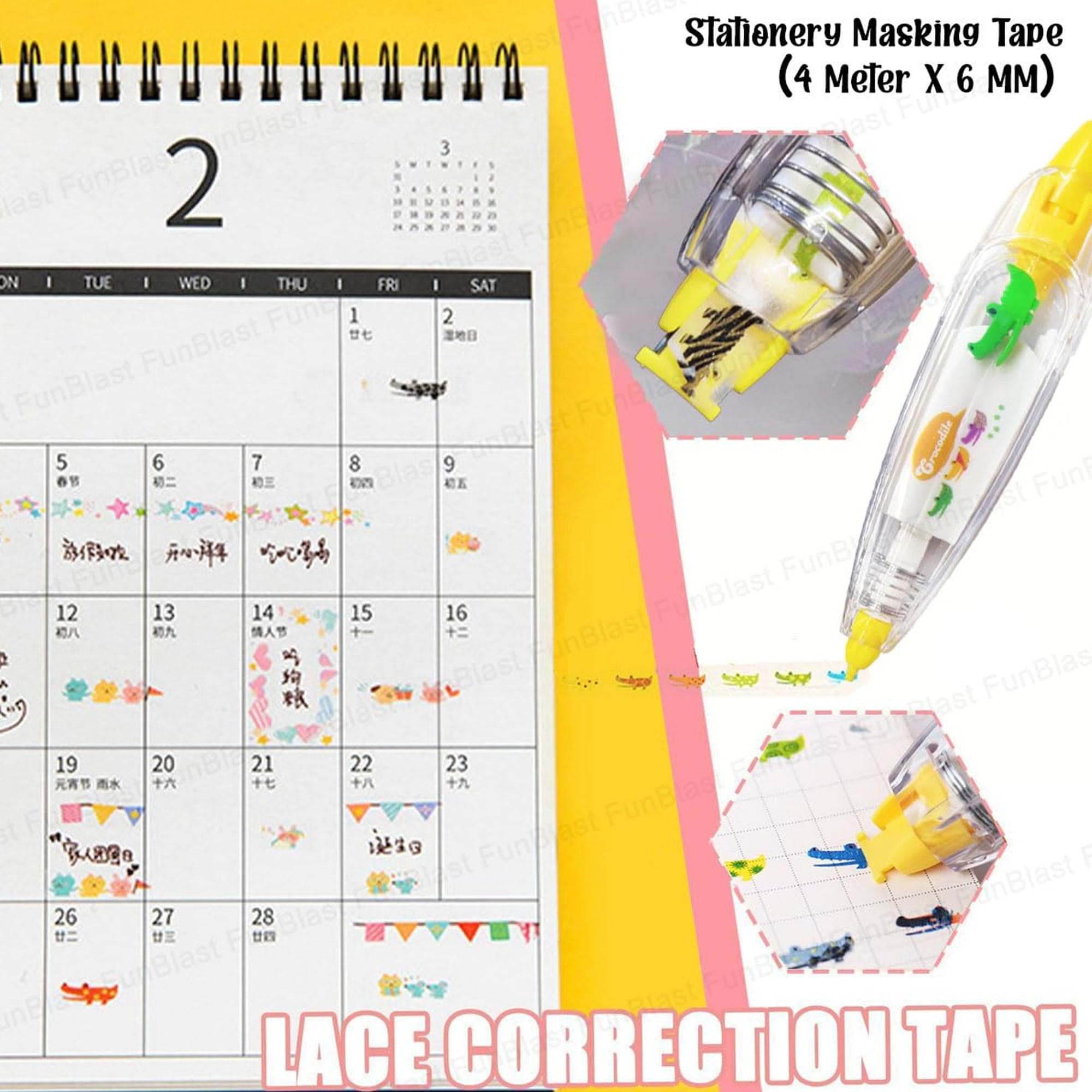 FunBlast Decoration Tape, 2 Pcs Cute Novelty Sticker Pen Machine Decorative Tape for Scrapbooking Diary Planner Journal DIY Art & Crafts Decorative Masking Tape (4 Meter X 6 MM) (Random Design) 4