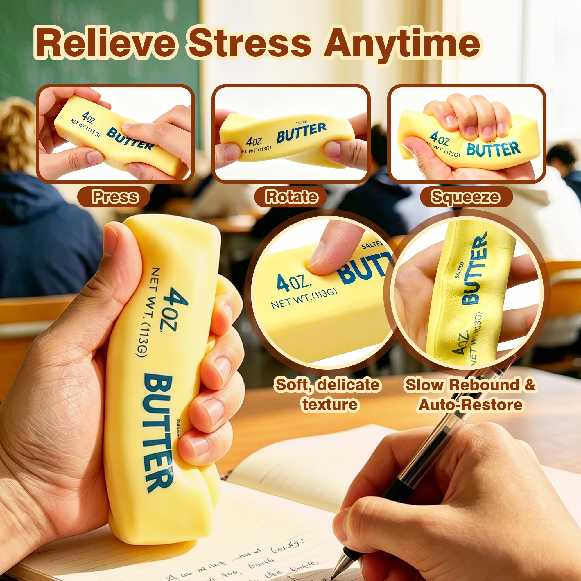 2 Pcs Butter Squishy - 2026 New Upgraded Slow Rising Squishy Butter Squeeze Toy,Realistic Bread Style Sensory Fidget for Desk, Anxiety Relief Fun Gift for Adults (Yellow) — Amazon image 4