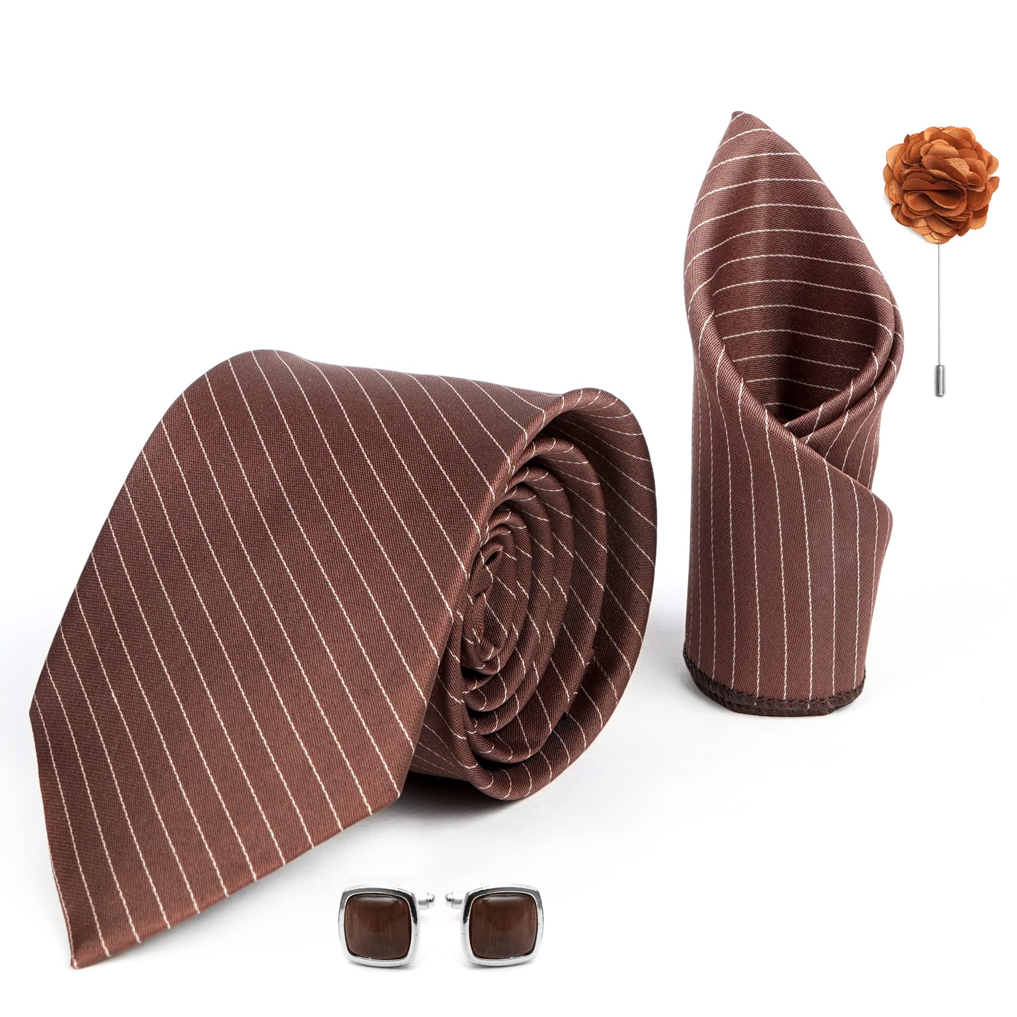 Tie for Men – Plaid Silk Neck Ties Set with Cufflinks Flower Pin, Pocket Square & Black Gift Box, Combo Necktie Sets for Office Wear, Formal Suits & Weddings (0, AXS1RX)-image-48