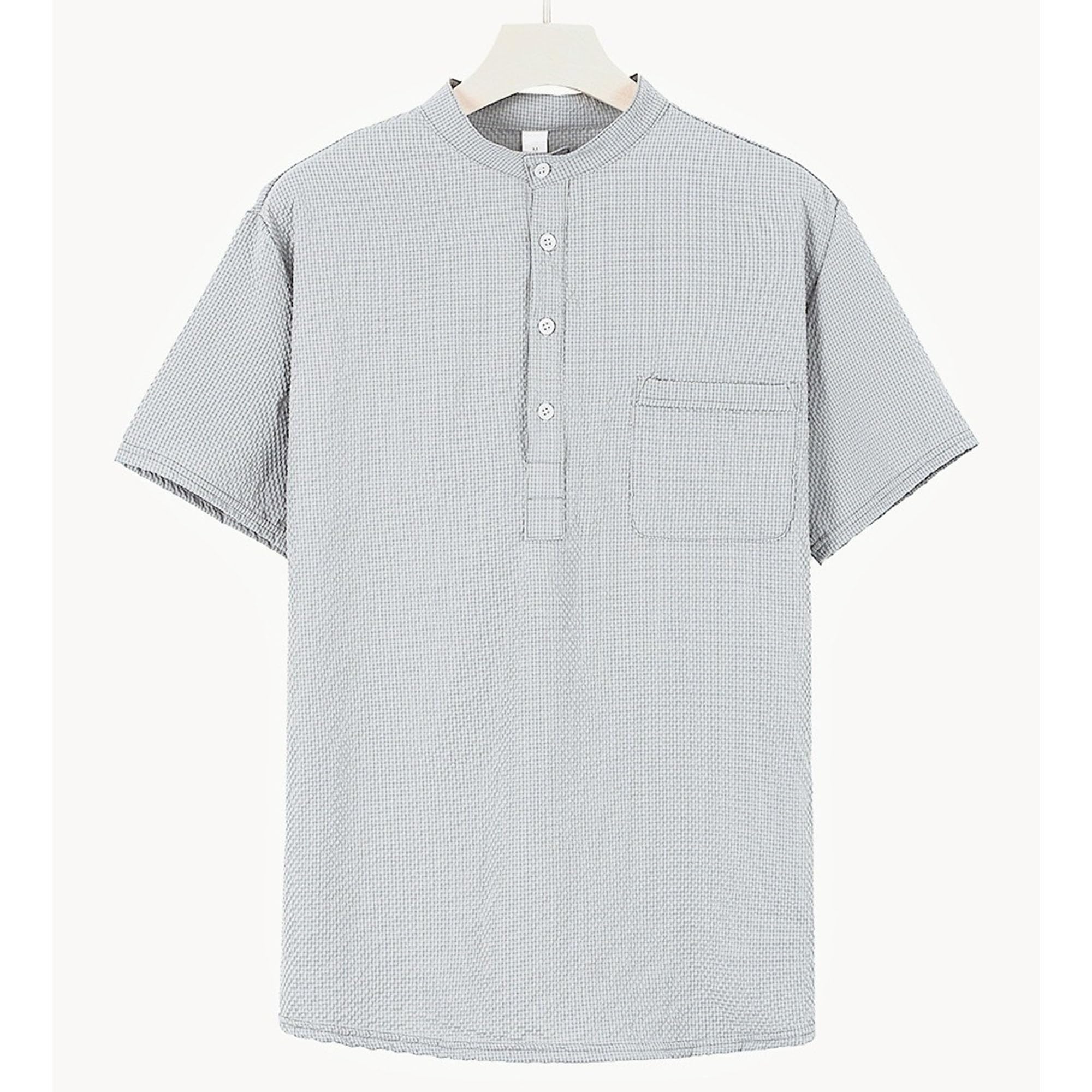 Zylphorix Men Quarter Button Short Sleeve T-Shirt Stand Collar Breathable Plaid Shirts Summer Cozy Workplace Polo Pullover (Light Grey,Medium)