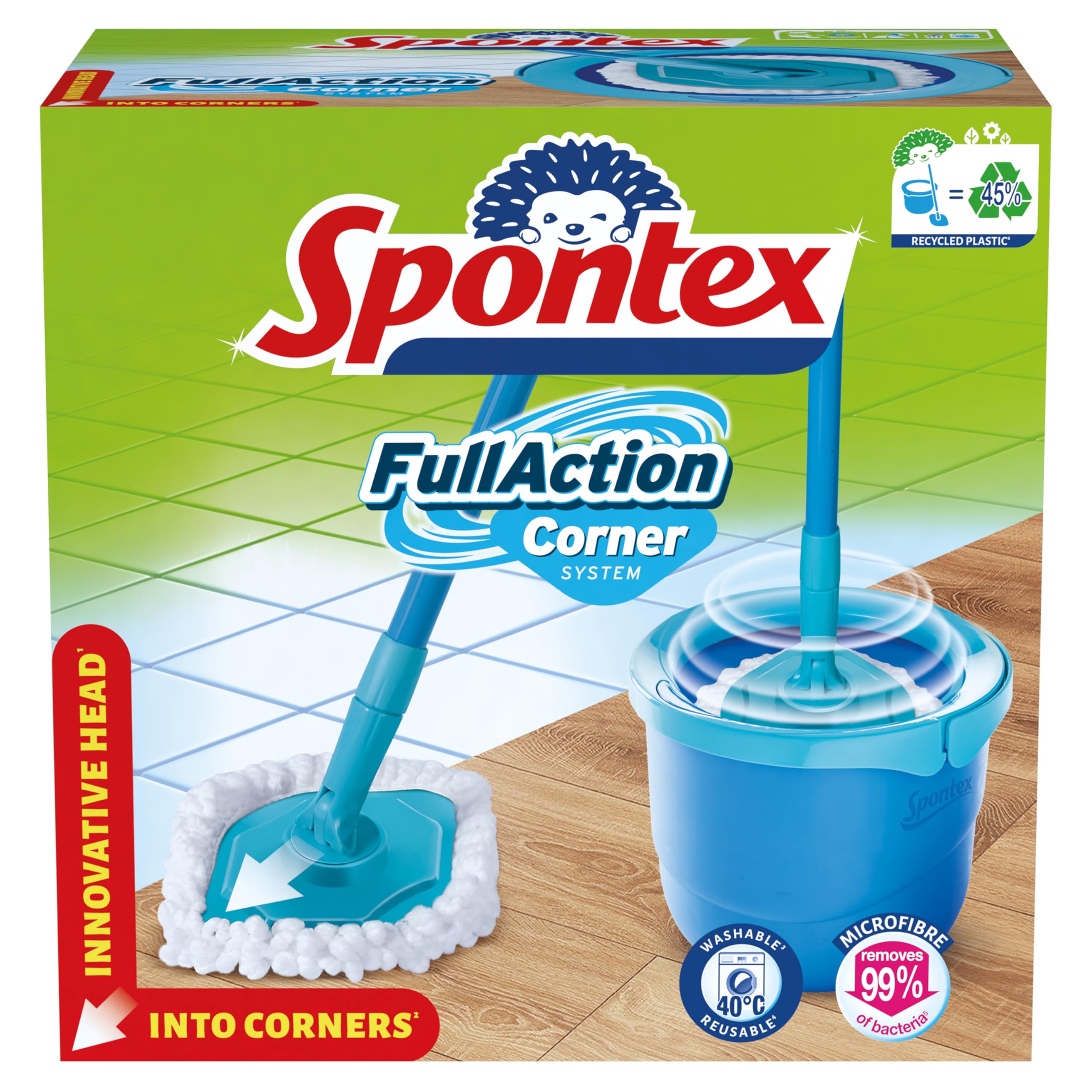 Spontex Full Action Corner Sistema lavapavimenti con mop rotante e secchio | per gli angoli più stretti | Sistema di strizzatura/risciacquo 360° | Per laminato, legno e piastrelle