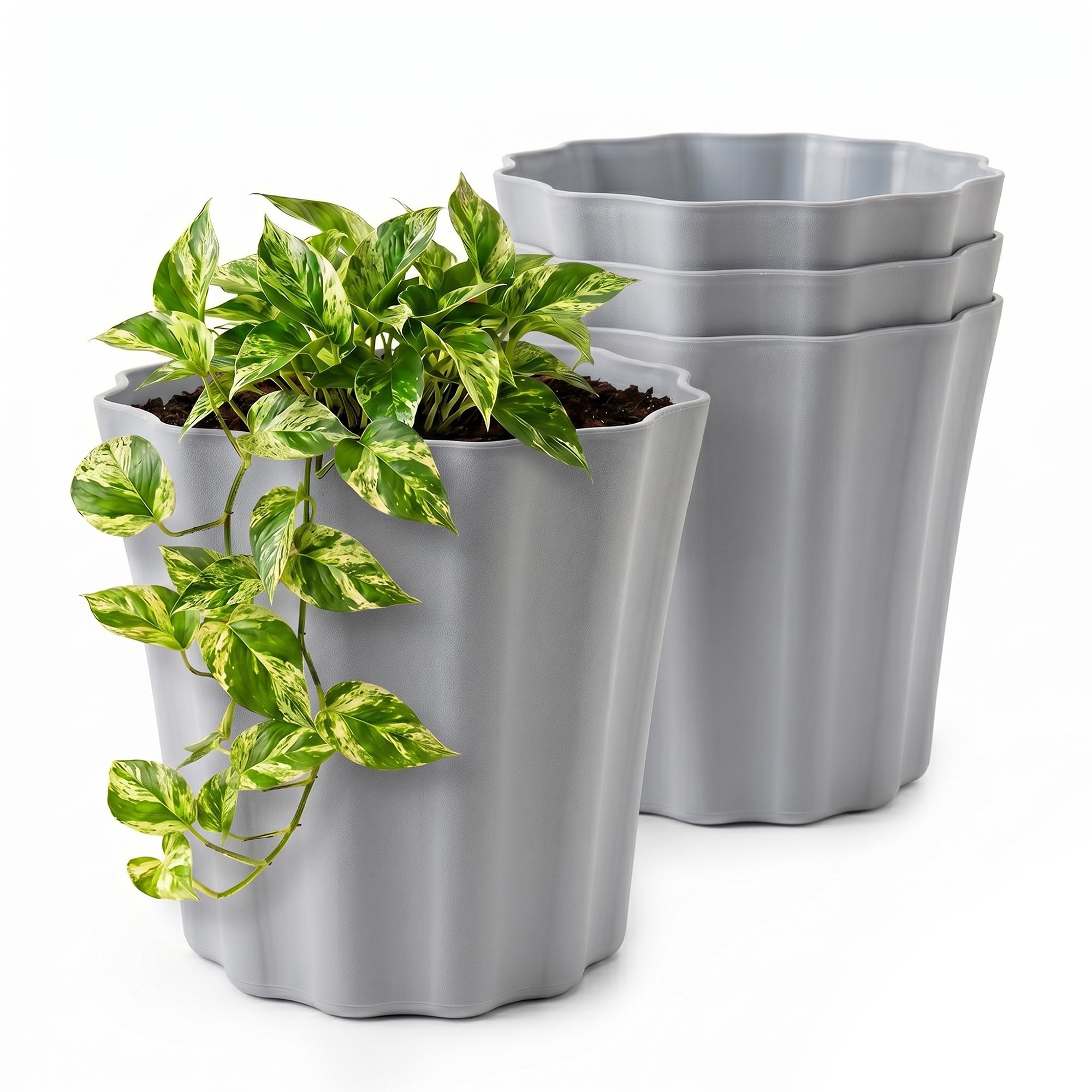 Lizzy 4 Pack Plastic Plant Pots 16.5cm | Round Flower Pots with Pleat Design Indoor Outdoor Plant Pots Heavy Duty Garden Planters for Plants Flowers Herbs Stylish Off Grey Pots