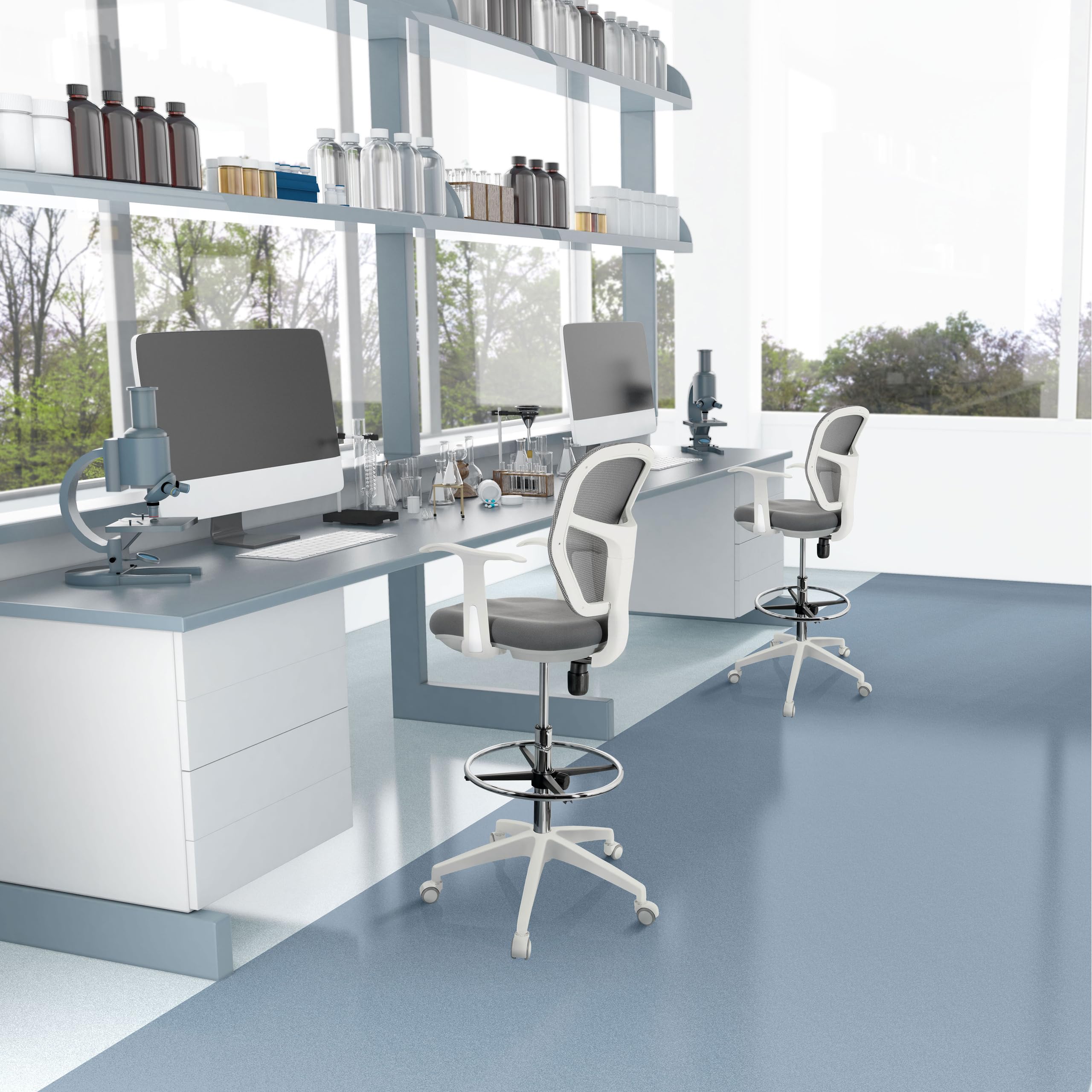hjh OFFICE Silla de Trabajo Silla de Oficina Taburete Giratorio Top Work 108 Tela Malla Reposapiés Regulable en Altura Blanco