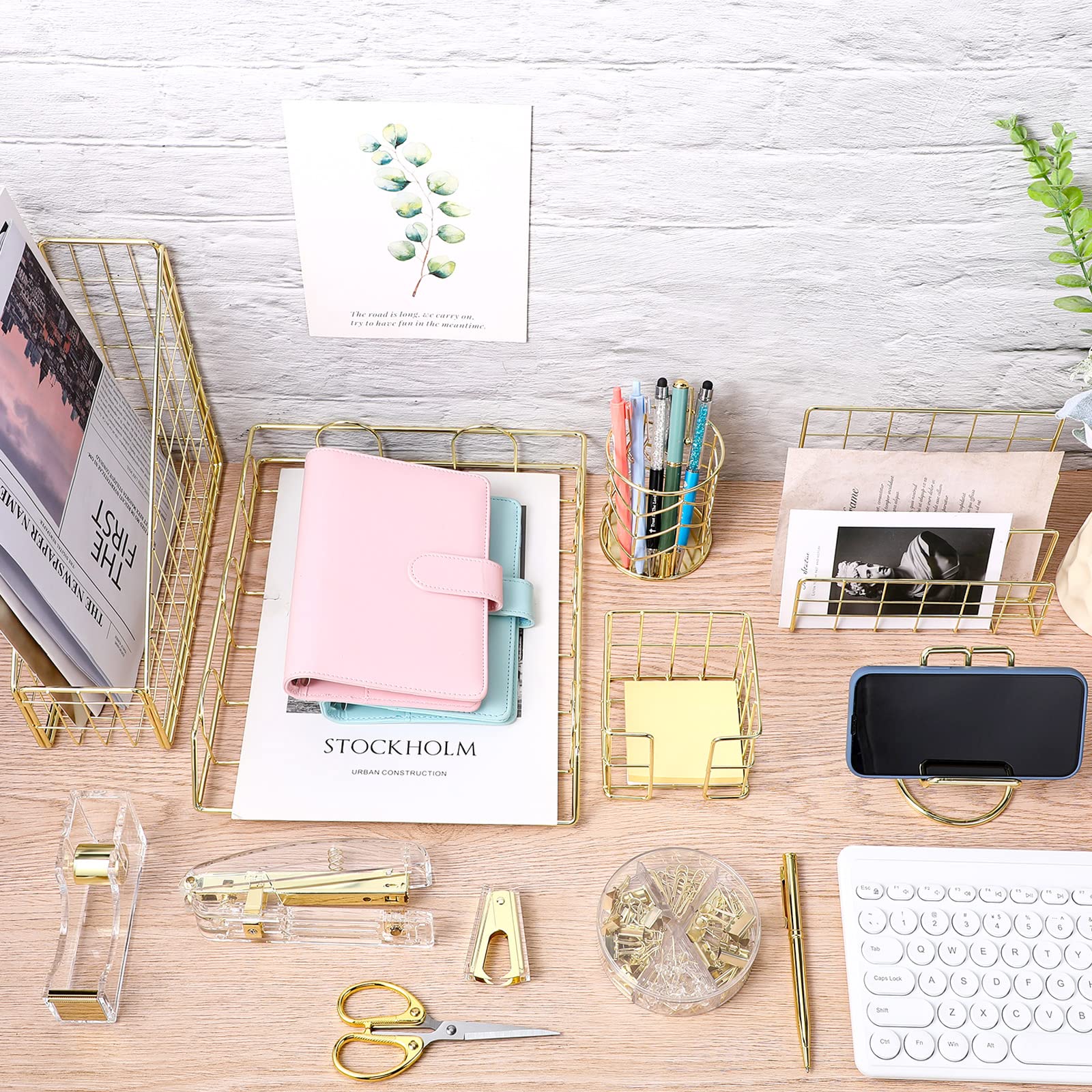 13-teiliges Schreibtisch-Organizer, Bürozubehör-Set, Magazin-Aktenordner, Briefsortierer, Stift, Becher, Notizhalter, Handyhalter, Heftklammern, Kugelschreiber, Schere für Zuhause (Gold)