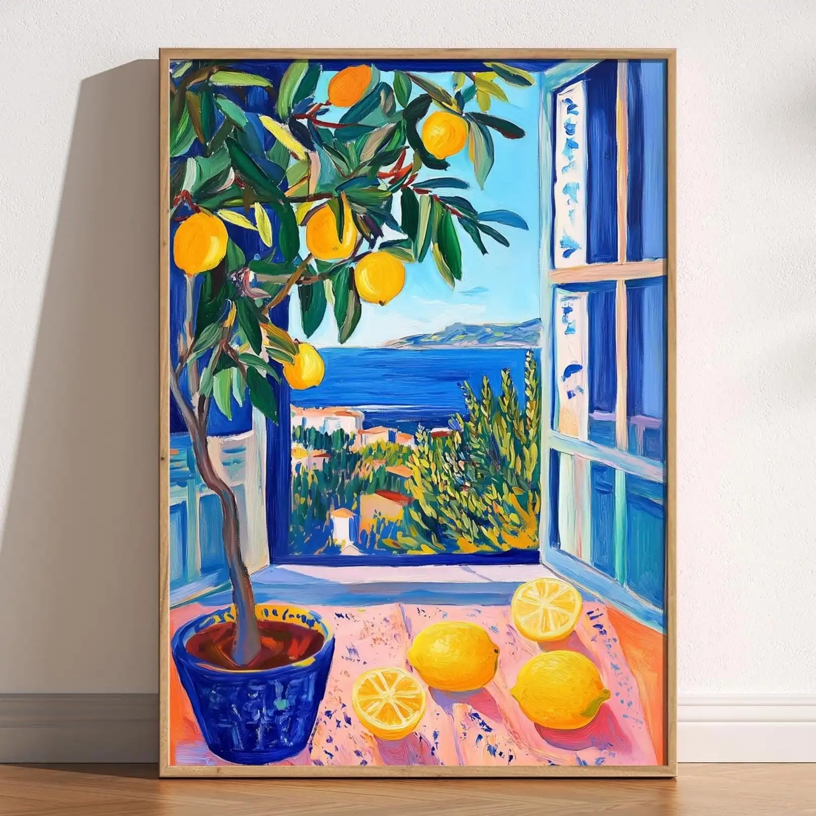 Gosrd Frameless Open Window Henri Matisse Print Style Fauvism Painting Exhibition Mediterranean Sea Orange Tree Coastal View Boats(70X100cm)