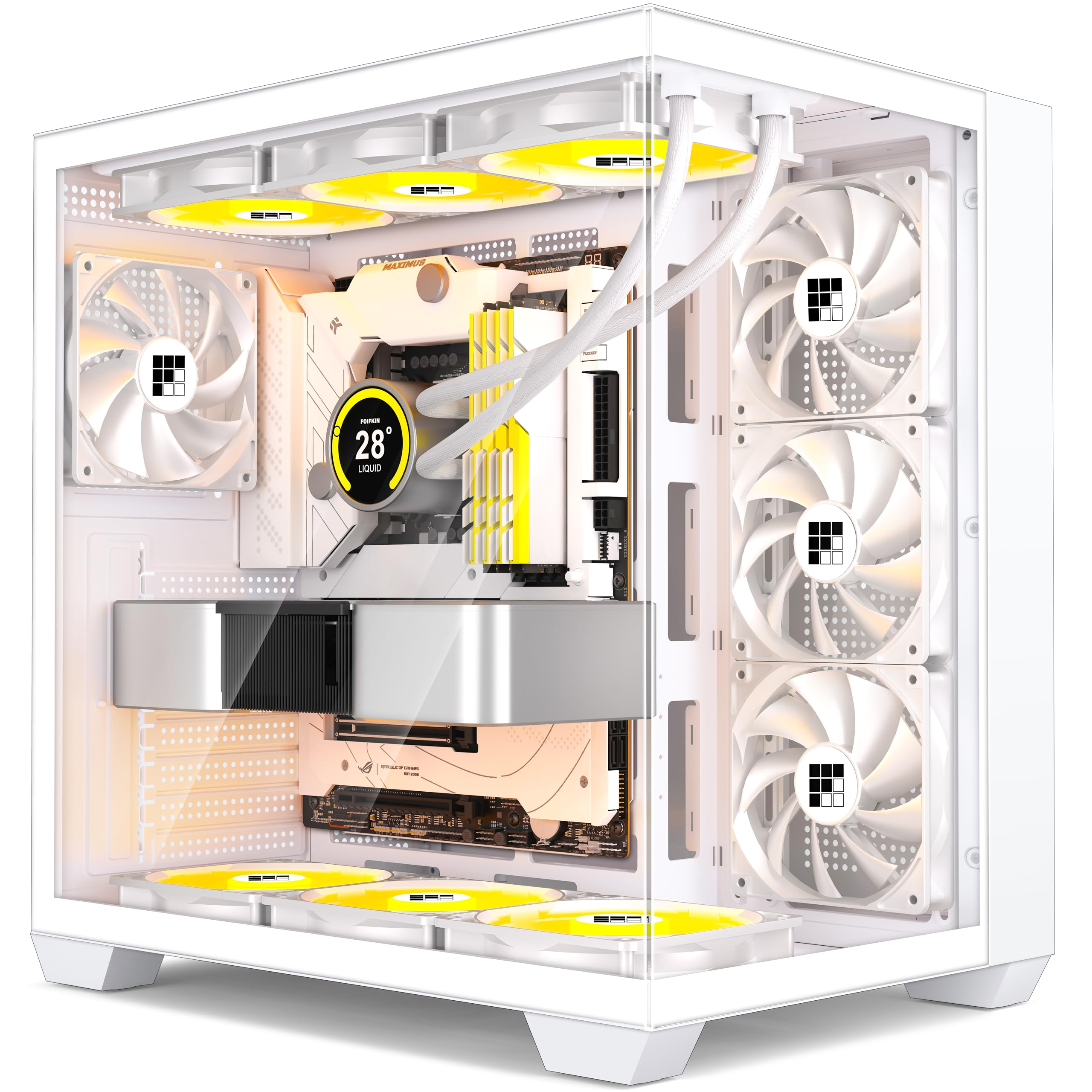 F300 PC Case - Pre-Installed 4 No RGB Fan, ATX Mid-Tower Gaming PC Case, 270° Panoramic Glass with Type-C, FOIFKIN (White)