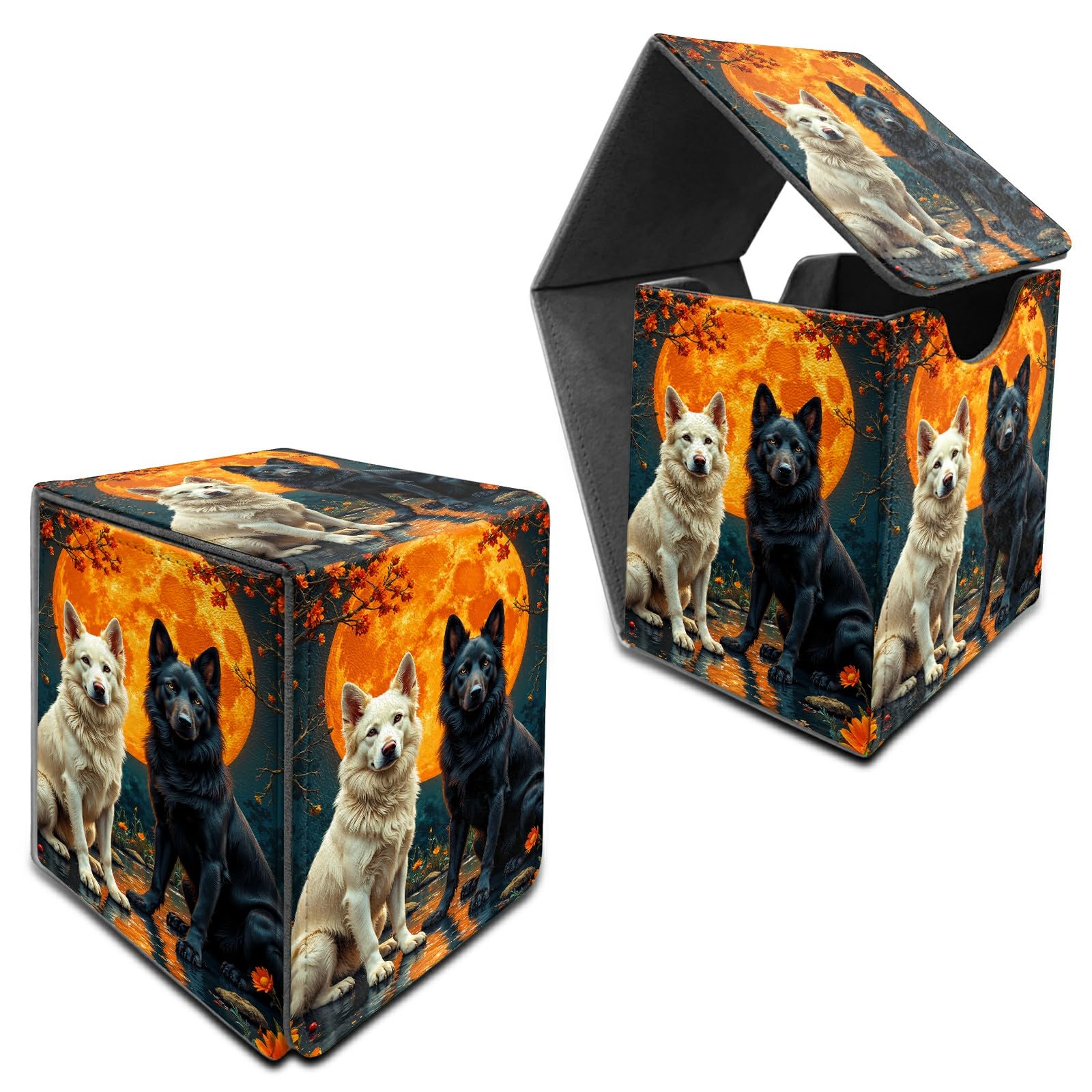 RWUTYTIUL for MTG Commander Deck Box, Storage Box Fits 100+ Sleeved Cards, Leather Strong Magnet Card Deck Case Holder for Board Game Magic MTG TCG CCG Sports Baseball, Black White Wolf — image 1