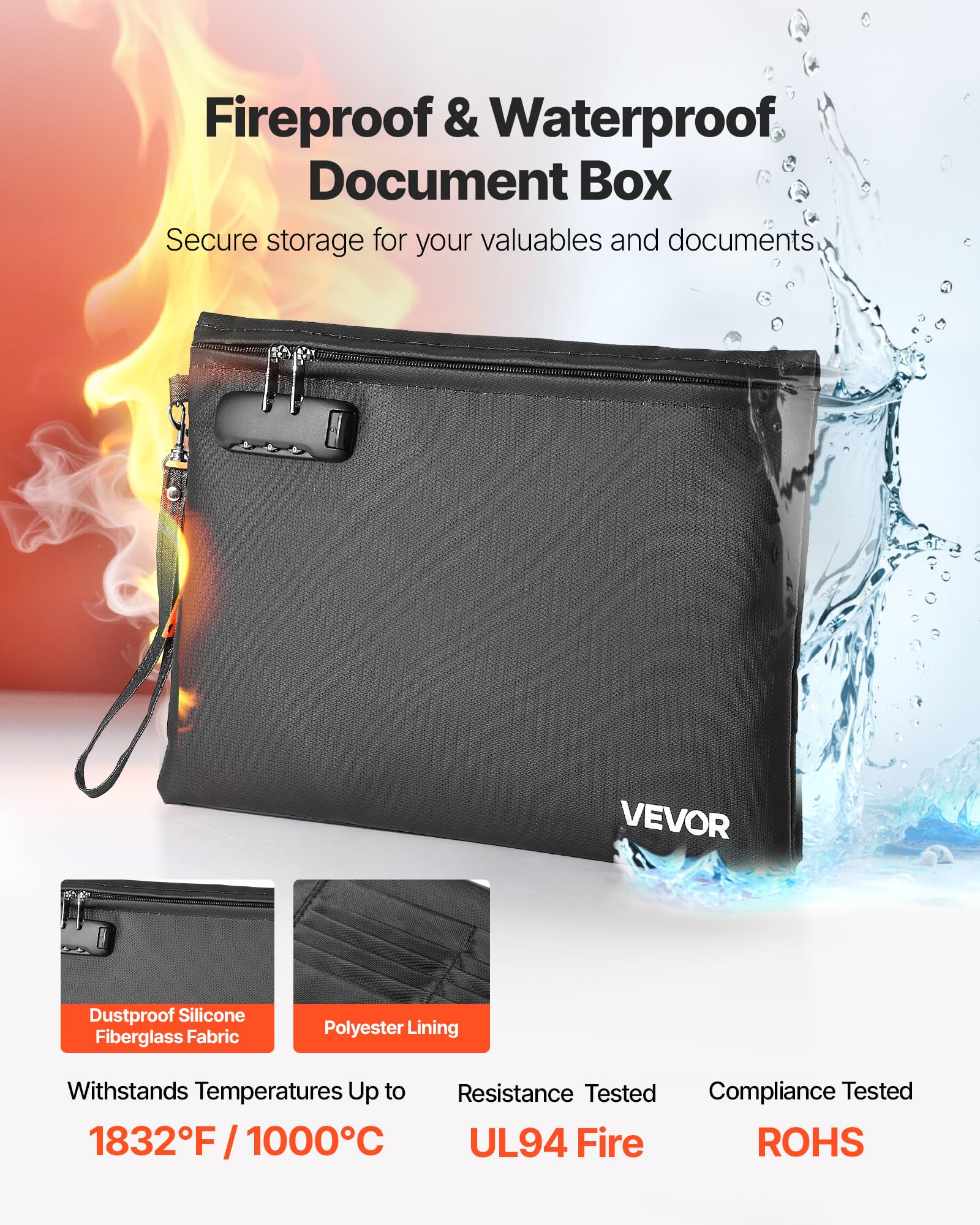 VEVOR Borsa Portadocumenti Ignifuga 1000°C Impermeabile con Lucchetto, Scatola Portatile per Documenti, Ufficio e Viaggi