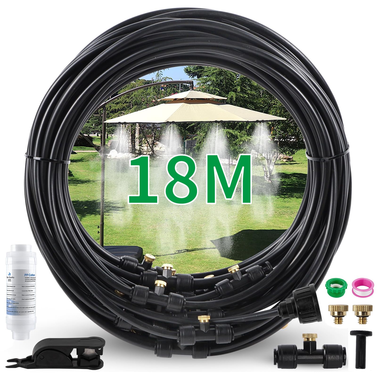 Sistema di nebulizzazione per Esterni per terrazza (18 m) con Filtro dell'Acqua, Sistema di nebulizzazione Linea 20 ugelli in Ottone, Adattatore in Ottone (1,9 cm), nebulizzatore per