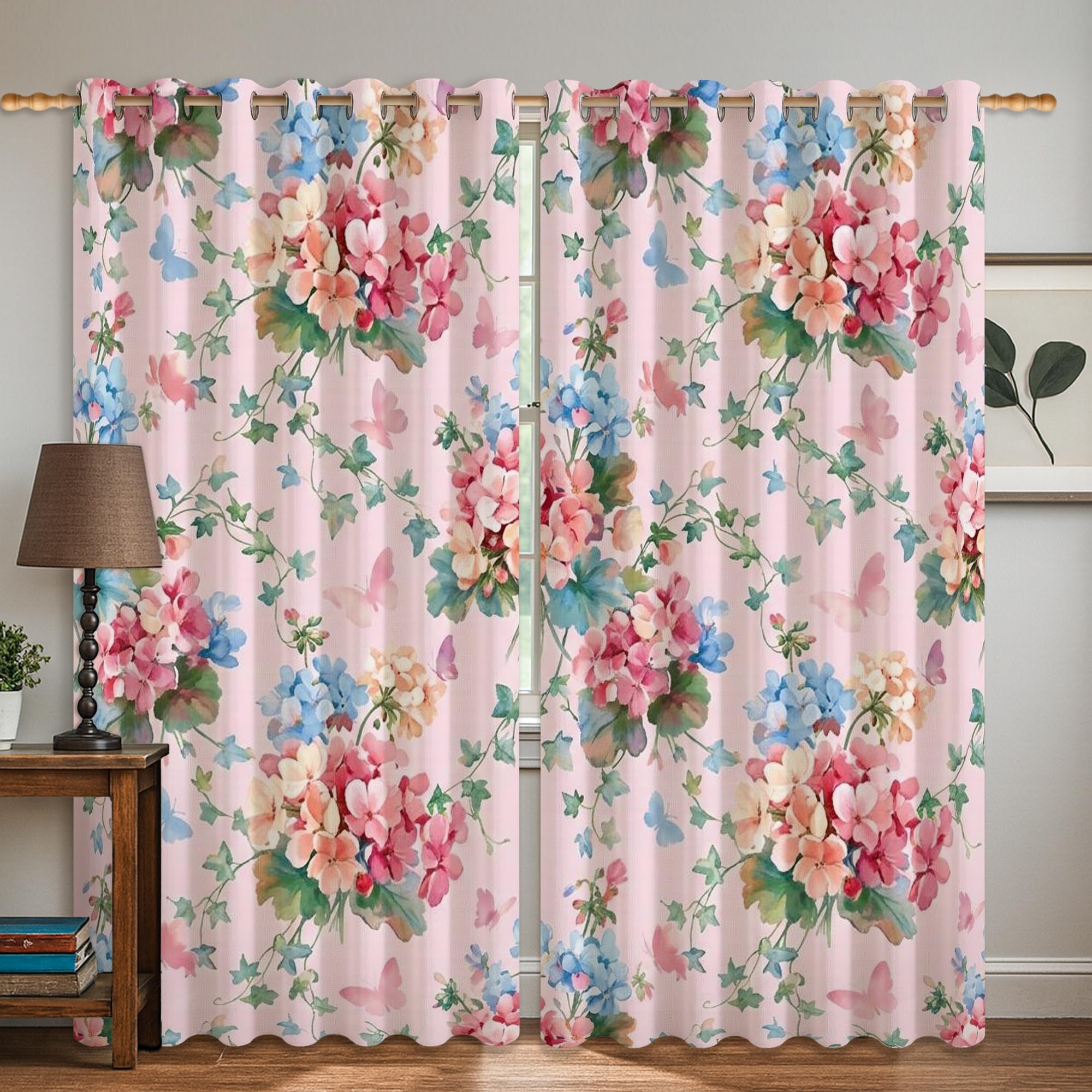 Rideaux occultants imprimé floral et papillons 132x183 cm pour la chambre