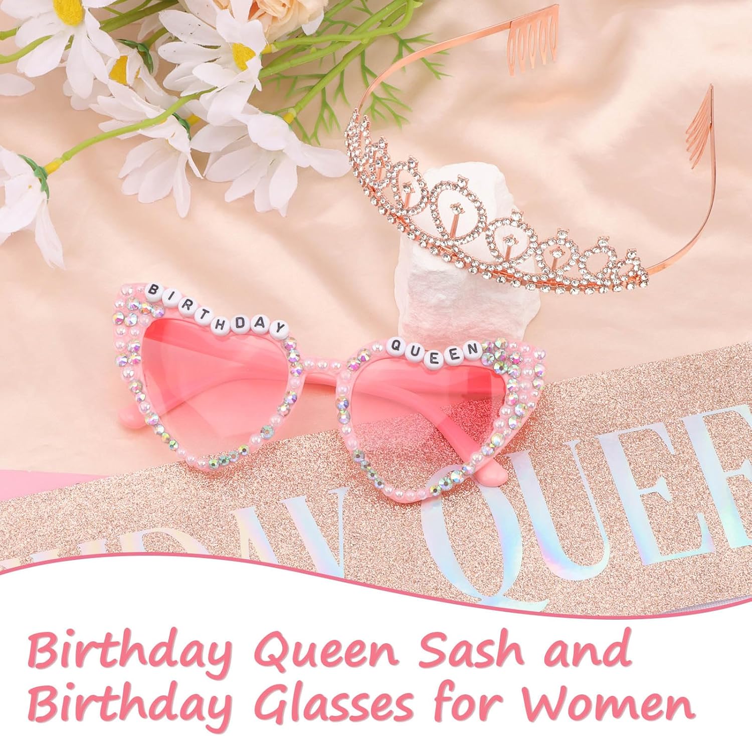 Birthday Queen Sash and Crown & Glasses Set for Women, Rose Gold Happy Birthday Sash for Women with Tiara Birthday Decorations for Woman Girls Birthdays Party Favors - Image 2