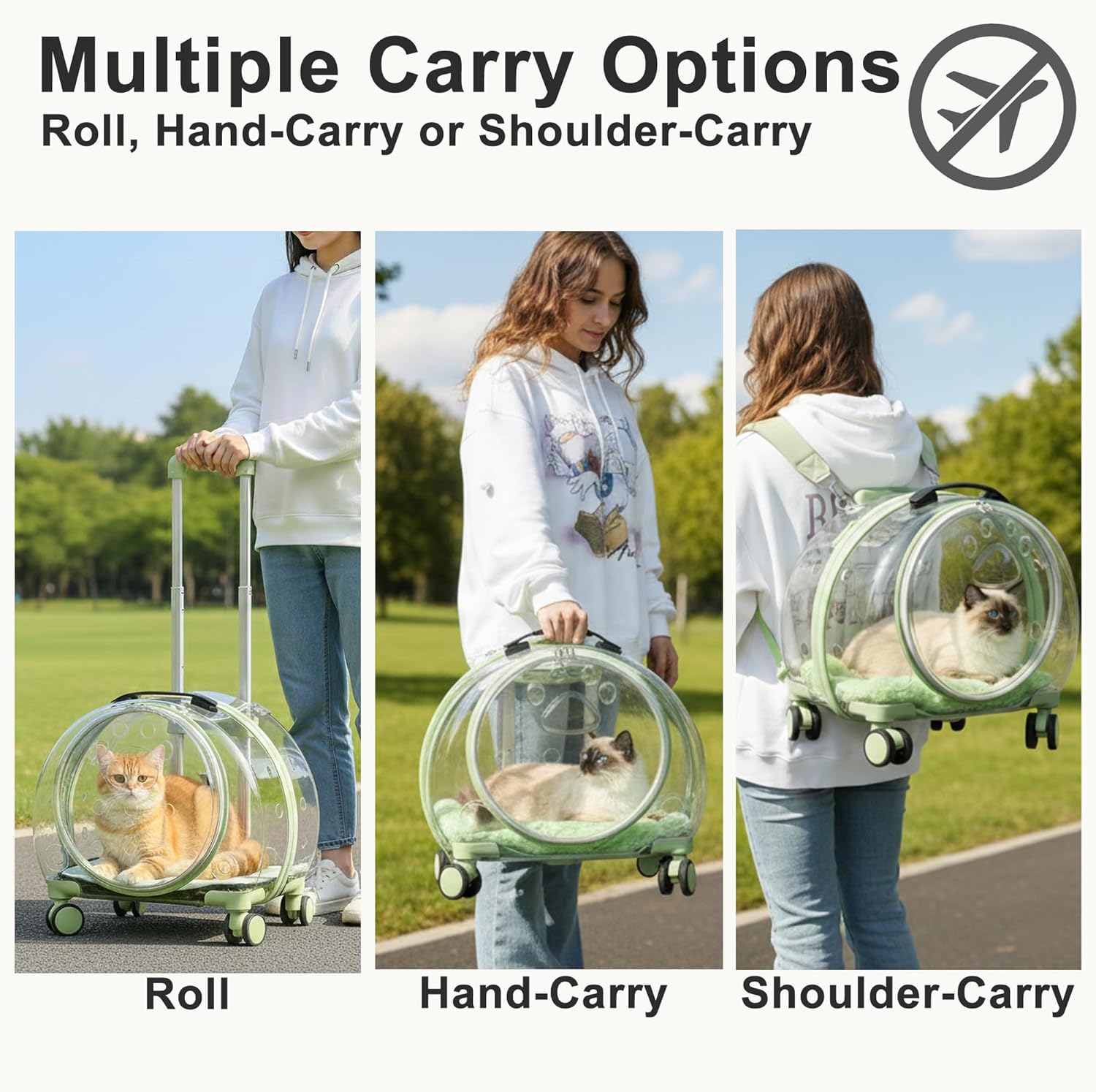 Hard Shell Cat Carrier with Wheels, Rolling Cat Travel Carrier with Telescoping Handle, Transparent Pet Carrier for Cats (Green)