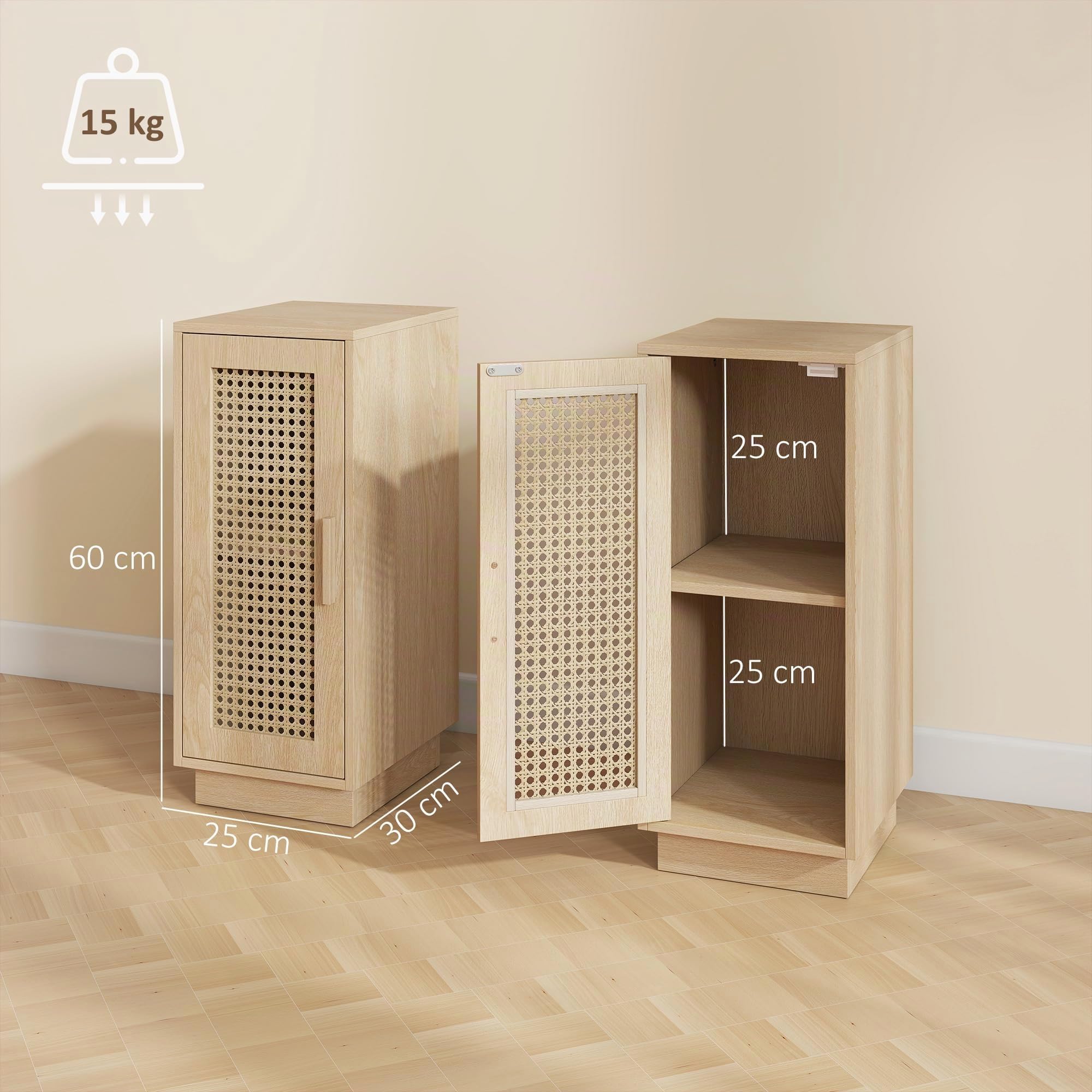 HOMCOM Conjunto de 2 Mesitas de Noche con Puerta de Ratán 25x30x60 cm