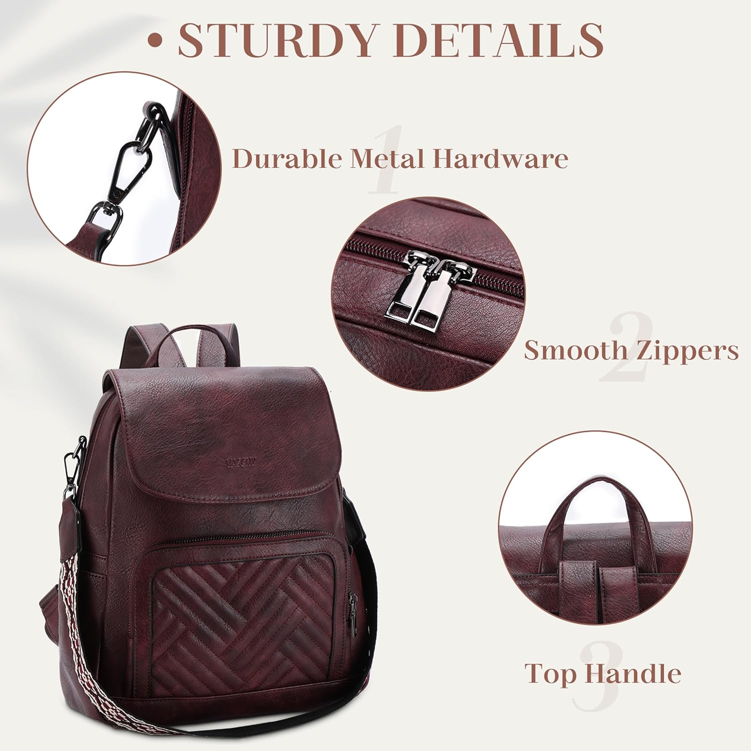 VASCHY Backpack Purse for Women, Chevron Quilted Vegen Leather Flap Backpack Convertible Handbag for Ladies with Guitar Strap Burgundy - Image 3