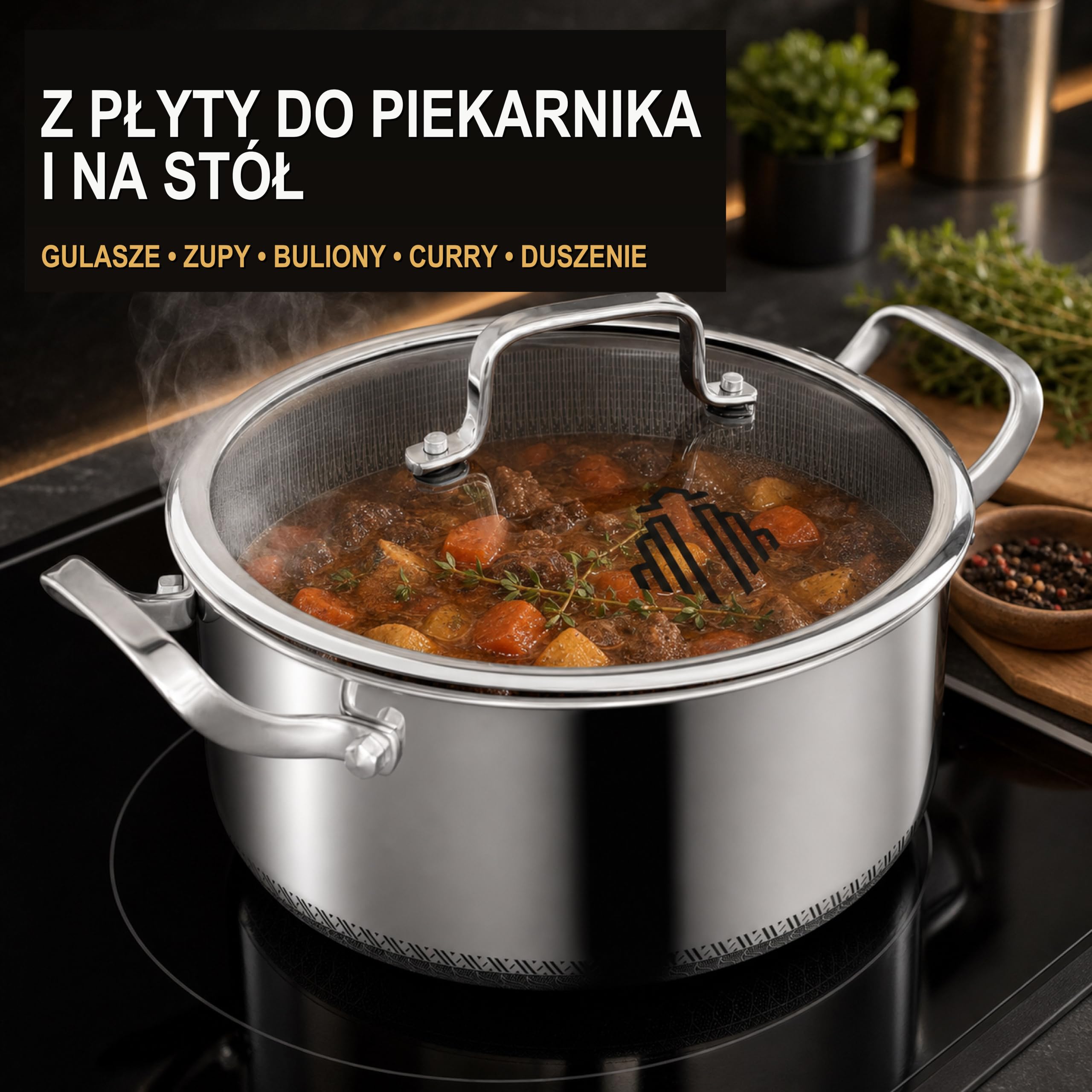 INTIGNIS Trójwarstwowy garnek ze stali nierdzewnej, 24 cm, 5 l, hybrydowa, nieprzywierająca, indukcyjna i kuchenna, nadaje się do piekarnika, ze szklaną pokrywką, gruba podstawa bez PFOA, naczynia