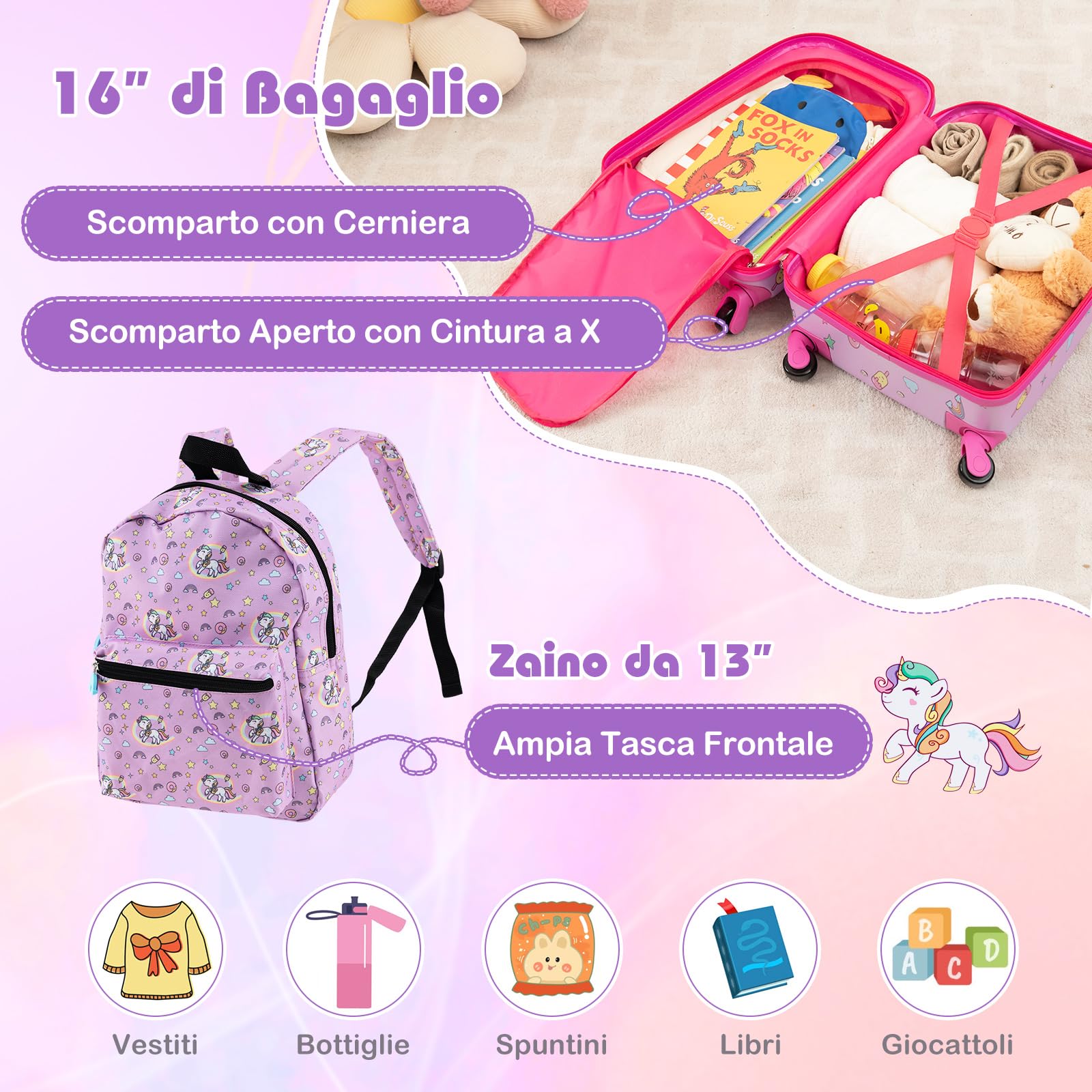 COSTWAY 5 Pezzi Valigia per Bambini, Valigia con ManicoTelescopico da 16" con 13" Zainetto, Cuscino per Il Collo, Etichetta per Bagaglio, Borsa per Il Pranzo, con Ruote Girevoli a 360 ° (Modello 1)