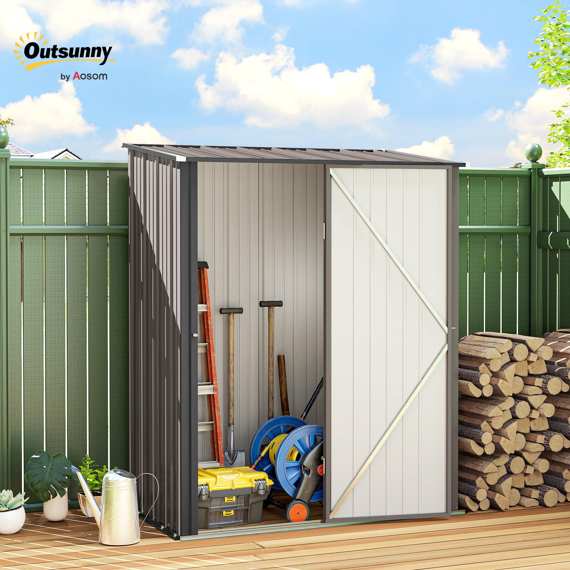 Outsunny Metall Gerätehaus 1,34m² 161,5 x 94,5 x 196cm Geräteschuppen mit Pultdach abschließbarer Tür wetterfest Garten Schuppen Hellgrau