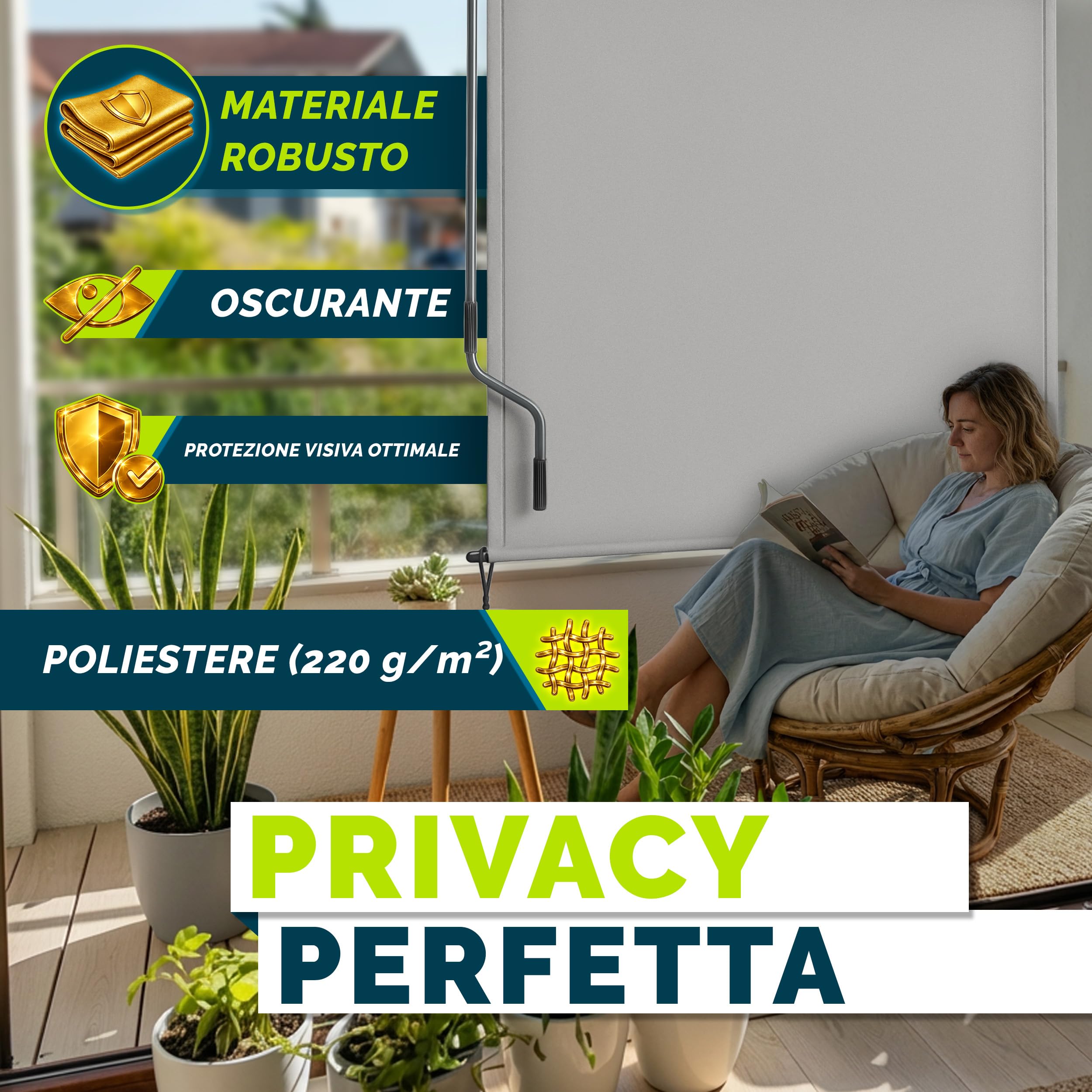 Tillvex Tenda da sole verticale 200 x 250 cm impermeabile con manovola in alluminio per balcone terrazza giardino