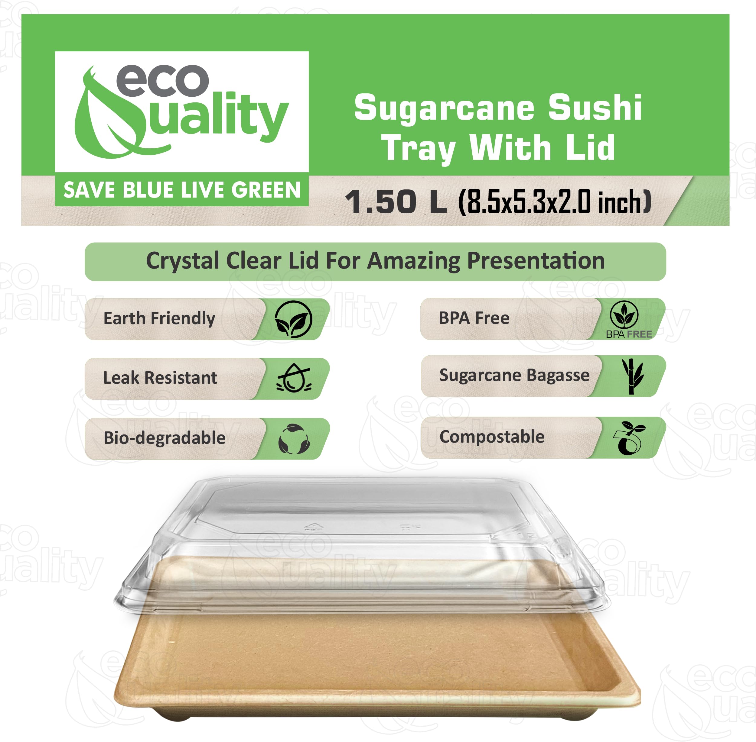 EcoQuality X-Large Compostable Sushi Trays with Lids - Natural Sugarcane Bagasse Take Out Sushi Container - Biodegradable, Disposable Sushi Plate with Lid, Eco Friendly, To go, Serving Tray (25)