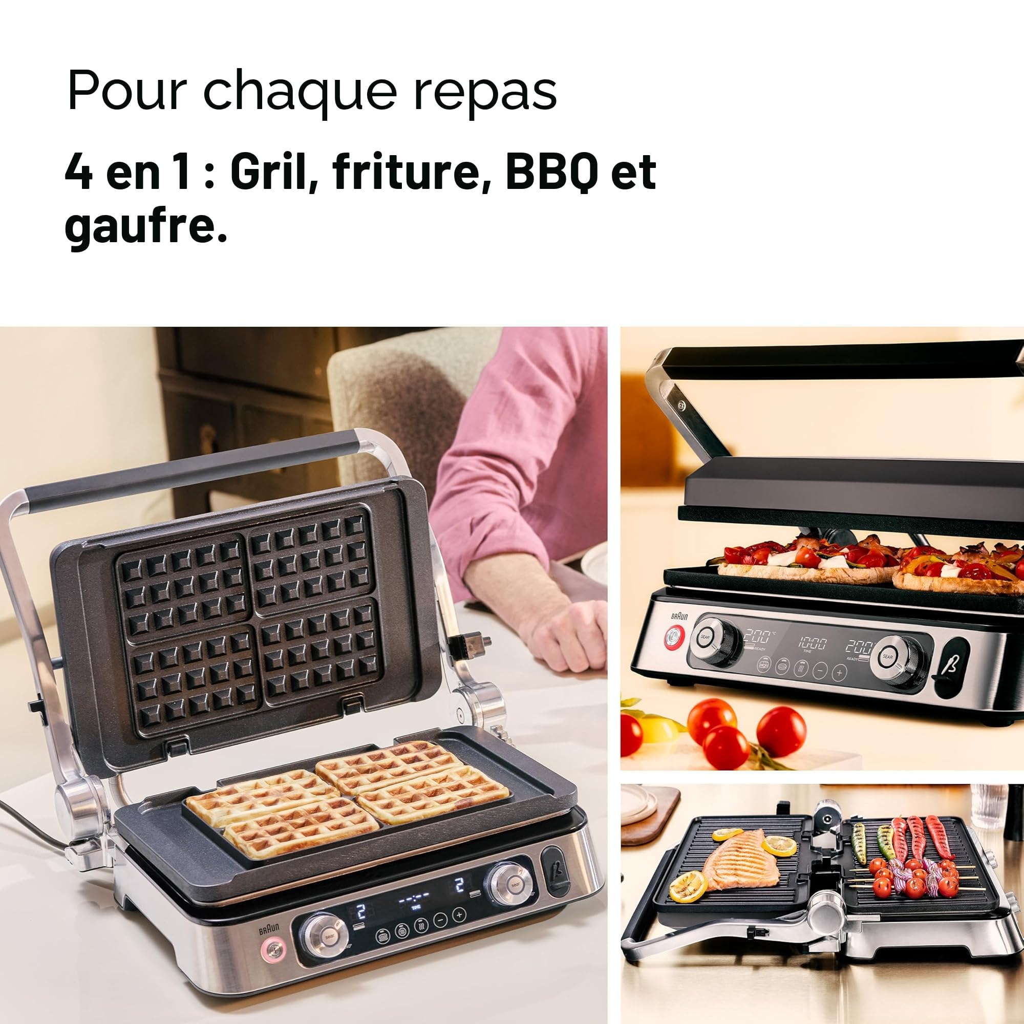 Braun MultiGrill9 CG9167, Grille Électrique à Contrôle Électronique, 2 Thermostats Indépendants, 3 Positions de Cuisson, Sonde Thermique, Fonction BOOST, Ensemble Plaques Grill+Lisses+Gaufres, 2200W