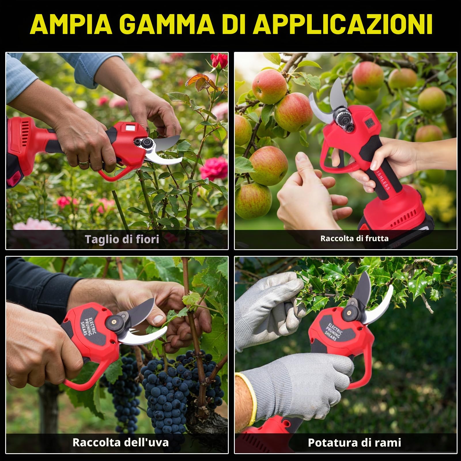 Forbici da Potatura Elettriche 30mm, Batteria 2000mAh con Display LCD | Lame Intercambiabili | 2 Batterie Ricaricabili | Potatore a Batteria per Giardinaggio, Frutteti e Vigneti-Rosso