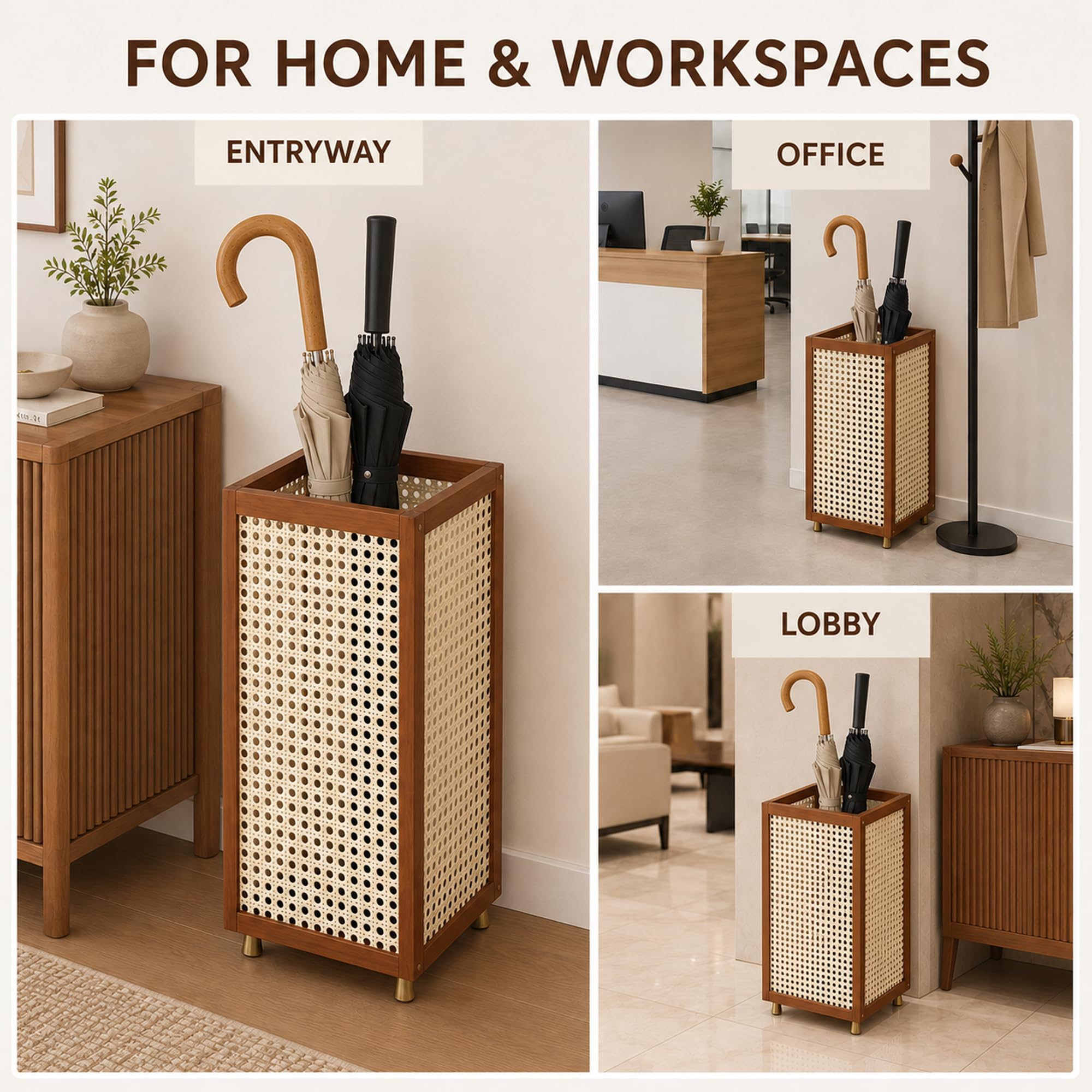 Portaombrelli Bambù Grande Capienza, Vassoio Goccia E Ganci Rimovibili | Portaombrelli Quadrato Tessuto Traspirante Per Ingresso, Cesto Decorativo Casa E Ufficio(Brown)