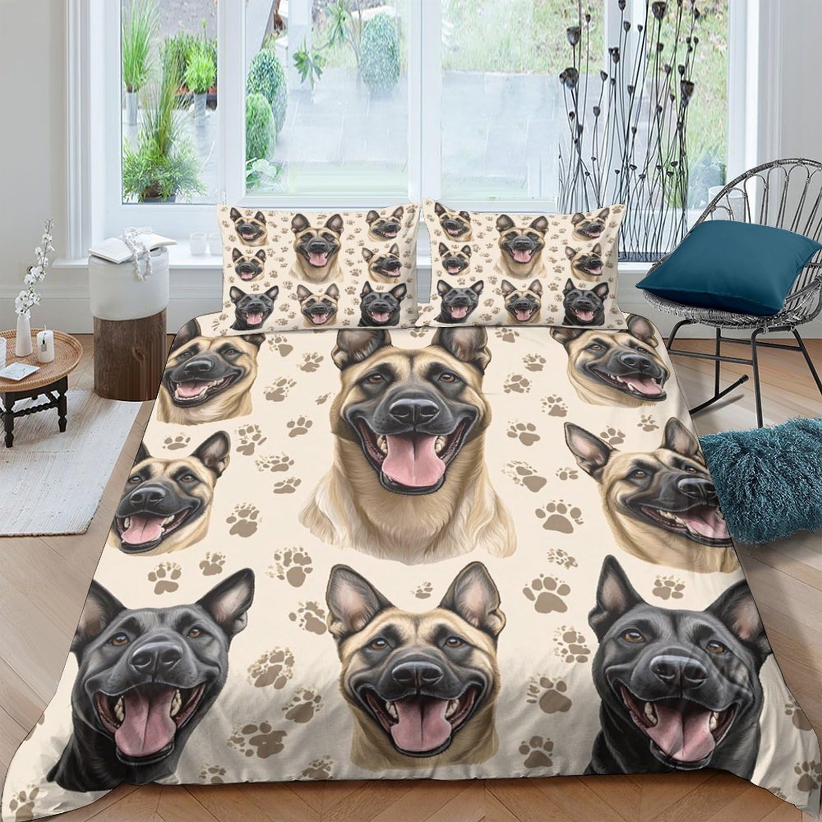TUFRTGYHN 3D Printed German Shepherd Dog Duvet Cover Microfiber Soft Breathable Paw Pattern Bedding Set with 2 Pillowcases for Bedroom Decor Single（135x200cm）