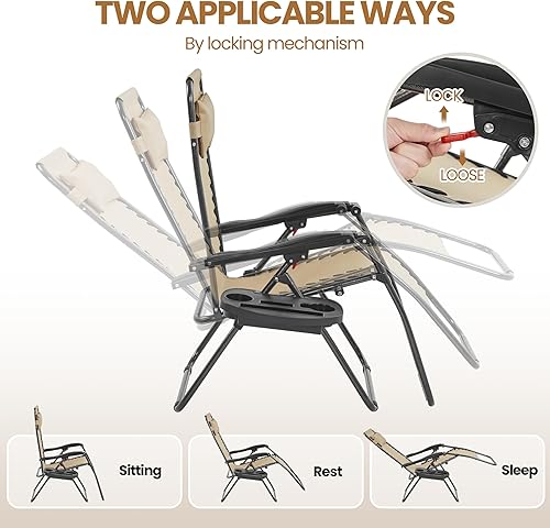 Miniatura 5 de Yaheetech Juego de 3 sillas reclinables portátiles de gravedad cero para exteriores con mesa auxiliar, tumbonas plegables para patio, playa,