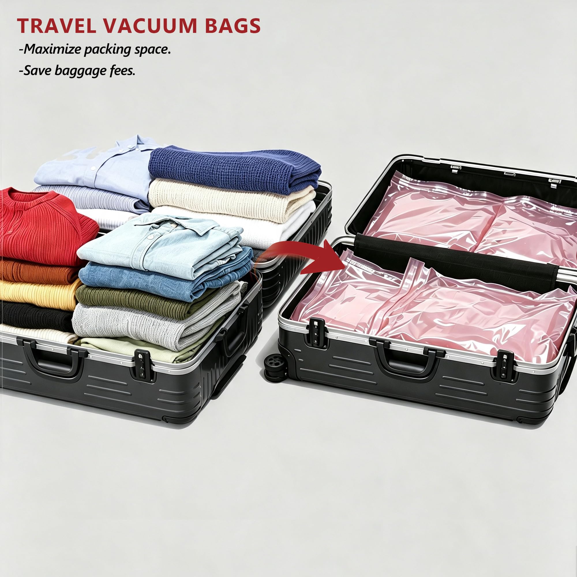 Reise-Vakuumbeutel für Kleidung mit wiederaufladbarer Pumpe 27 Combo, Rosa | Kompressions-Verpackungswürfel, Organizer für Gepäck, Koffer, platzsparende Beutel für Urlaub, Kreuzfahrt