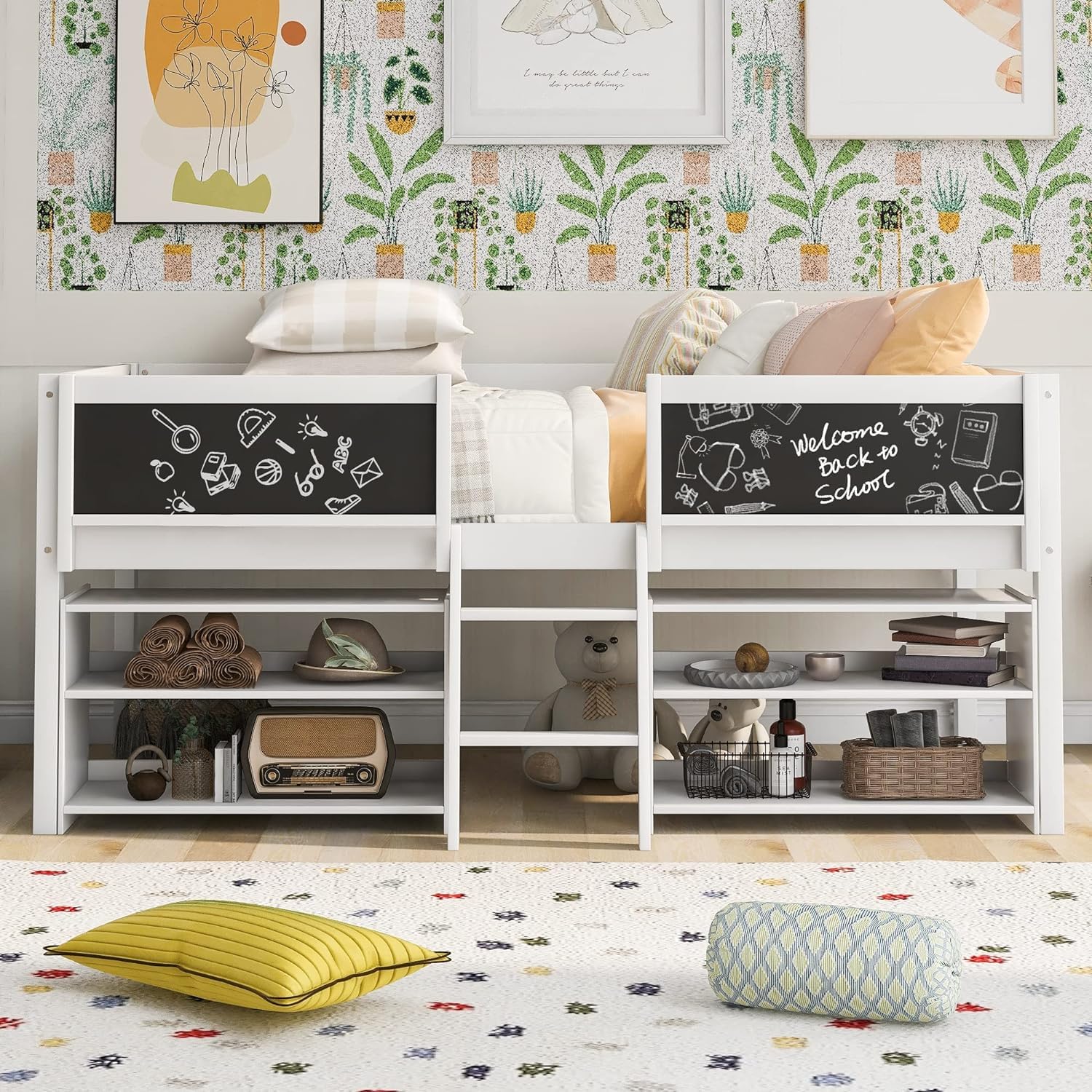 AVGVLIJ Kids Low Loft Bed with Chalkboard & Ladder, Twin Loft Bed Frame with 2 Movable Storage Shelves, Multifunctional Design for Boys & Girls, No Box Spring Required (White)