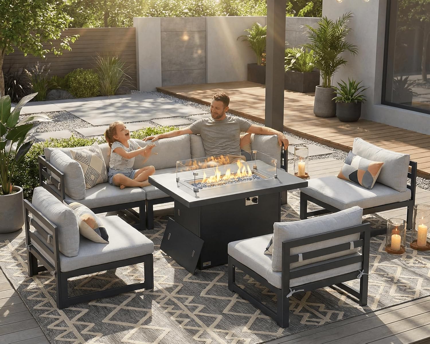 NICESOUL Powder Coated Aluminum Patio Furniture Set with Fire Pit Table, 7 Piece Deep Seat Extra Wide Outdoor Sectional Sofa for 6, L Shaped Luxury Large Conversation Set for Poolside, Light Gray