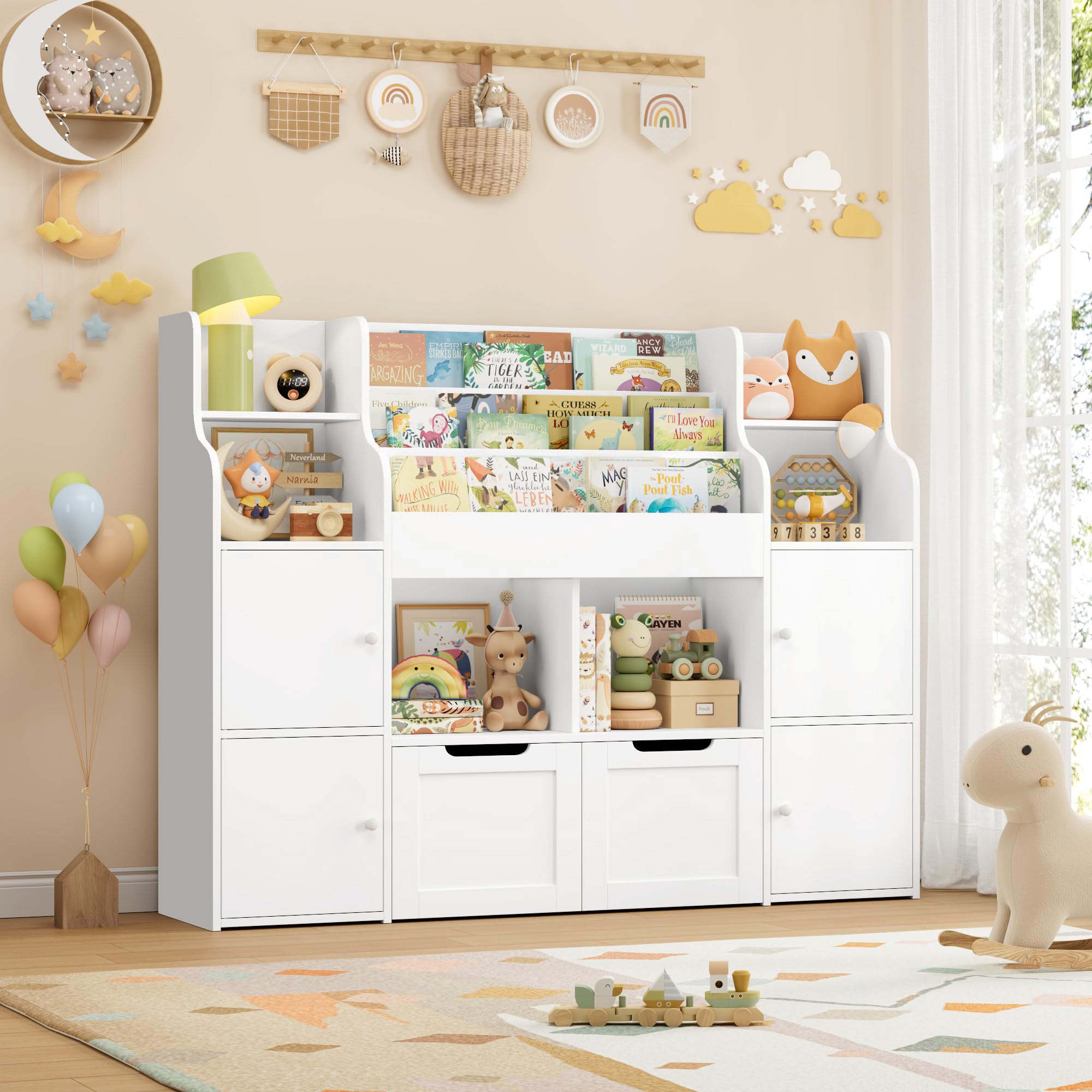 FOREHILL Scaffale Portagiochi Bambini, Libreria per Bambini a 6 Scomparti Aperti e 4 Ante, Mobile Giochi a 2 Cassetti su Ruote, per Cameretta e Stanza dei Giochi, 122x30x100cm Bianco