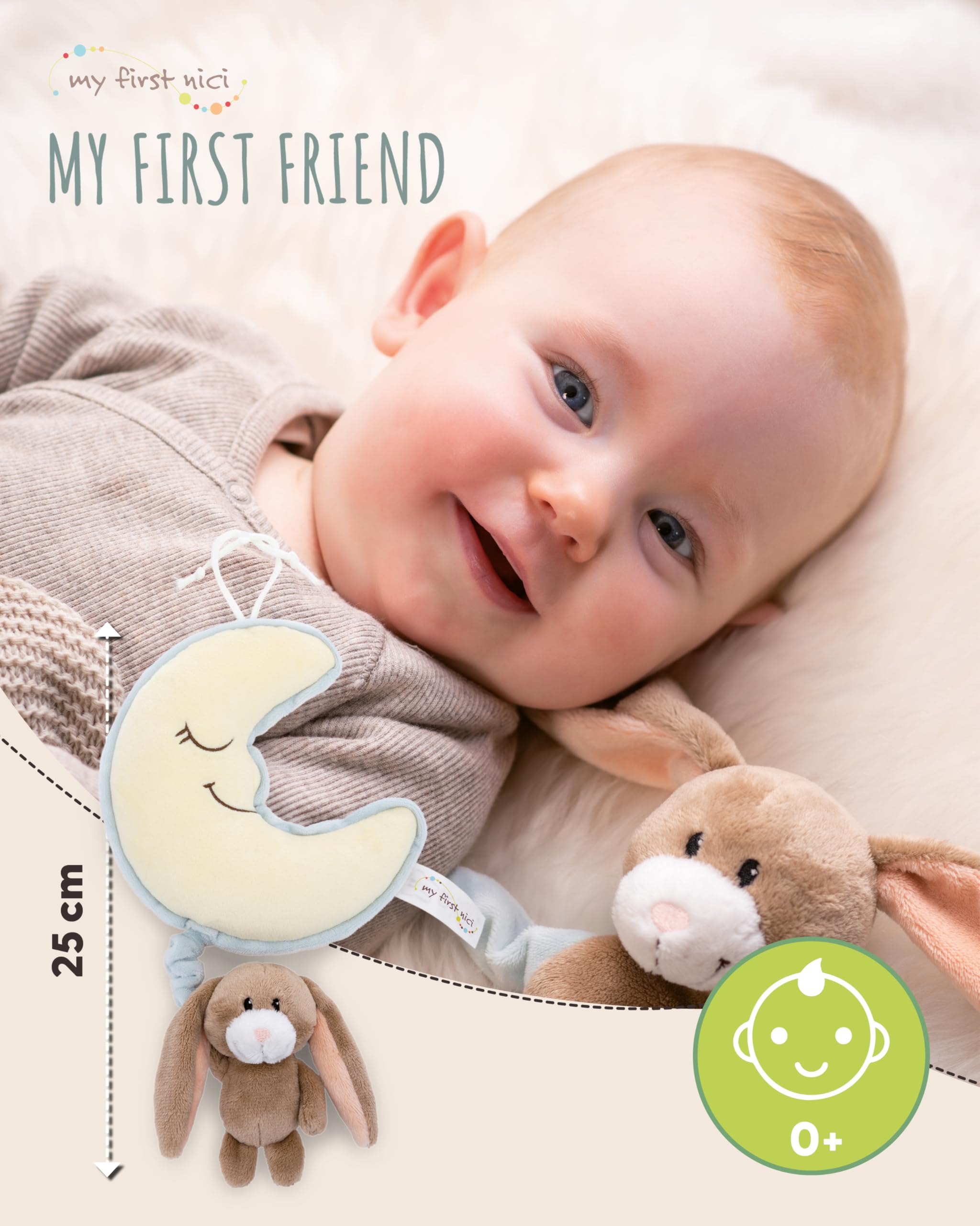 NICI Baby Spieluhr Mond 16x14cm mit Hase Lopino 9cm - braun - Einschlafhilfe für Babys und Kleinkinder ab der Geburt, Stofftier für Jungen und Mädchen ideal für Bett, Kinderwagen & Wiege - 62986 - 4