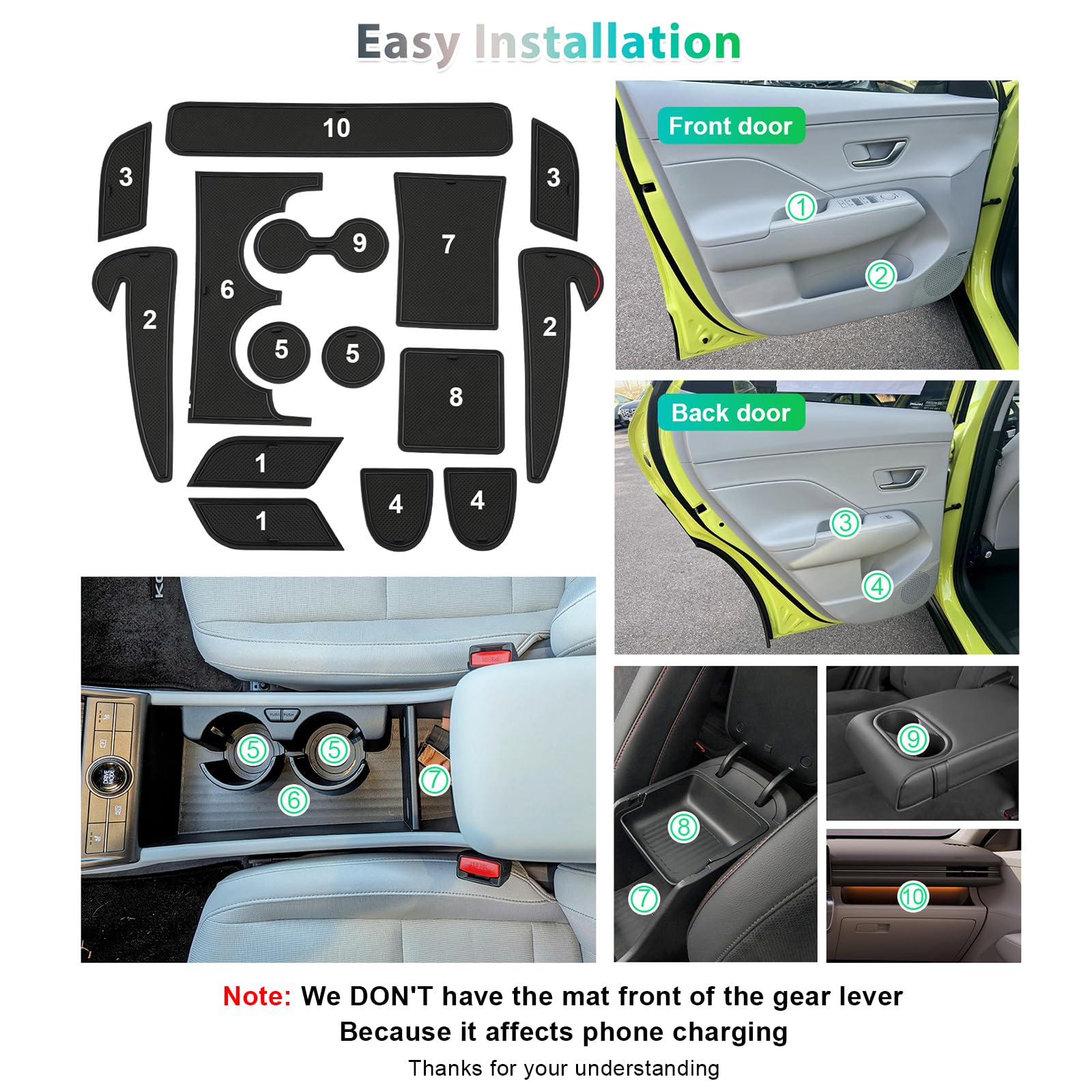 GAFAT Compatibile con Hyundai Kona SX2 Hybird (Benzina-Elettronica) 2024 2025 2026 Tappetini Antiscivolo, Kona 2025 Tappetino in Gomma per Console Centrale, Cuciture Porte, Kona SX2 Accessori (Nero)