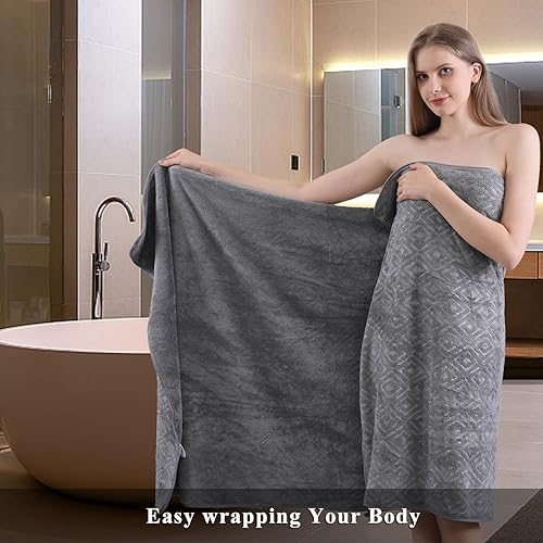 Miniatura 3 de CHINO Juego de 4 toallas de baño extragrandes de 35 x 70 pulgadas, suaves, de secado rápido, superabsorbentes, de microfibra con patrón de diamante,