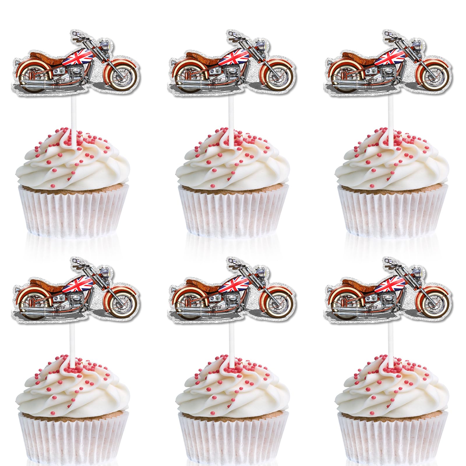 18pcs Motorcycle Cupcake Toppers Red Glitter Harley Motorcycle Happy Birthday Scooter Decorations, cycling Motorsports Party, Rider Birthday Party,