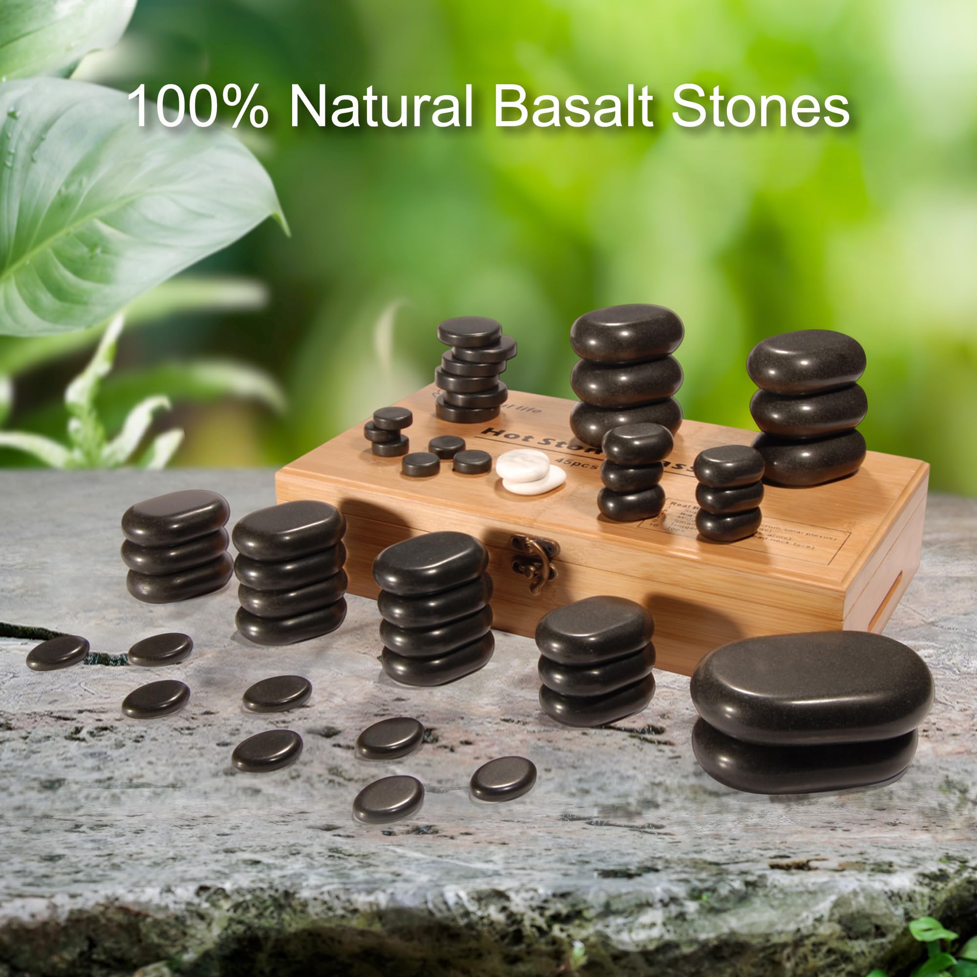 Master Massage Hot Stone zestaw kamieni bazaltowych w dekoracyjnej skrzynce bambusowej, 100% kamień naturalny