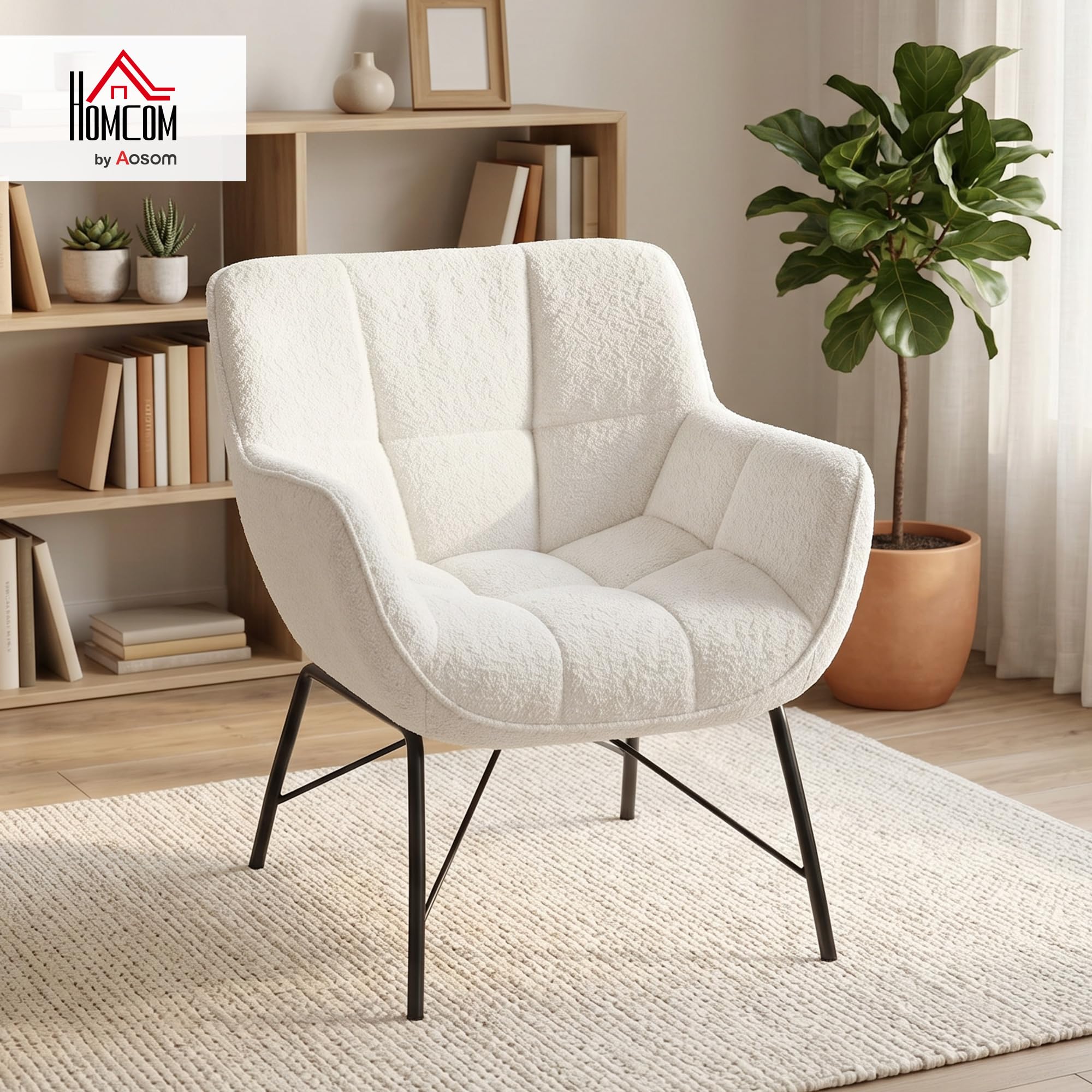 HOMCOM Loungesessel Wohnzimmer Sessel mit Sherpa-Fleece-Optik Cremeweiß | Moderner Lesesessel, Armlehnen, Gebogener Rückenlehne, Stahlbeinen, Bequemer Relaxsessel, Polsterstuhl für Schlafzimmer
