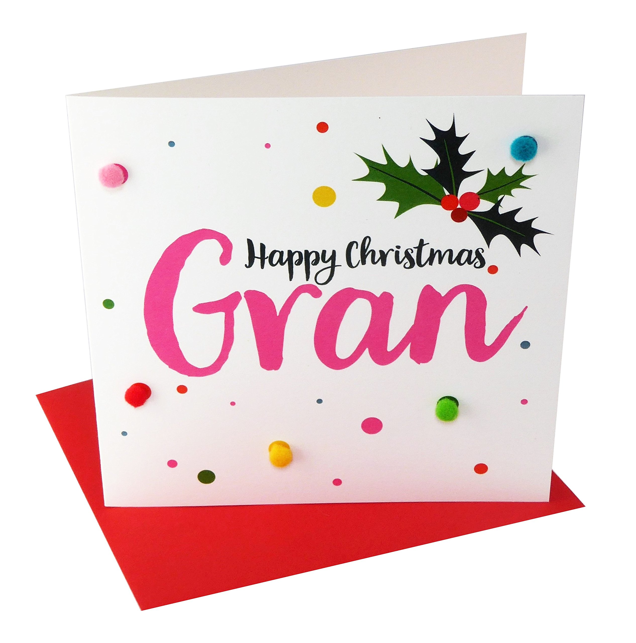 Claire Giles Greeting Cards, Happy Christmas Gran Card, Holly design xmas Greeting Card, Embellished with colourful Pompoms