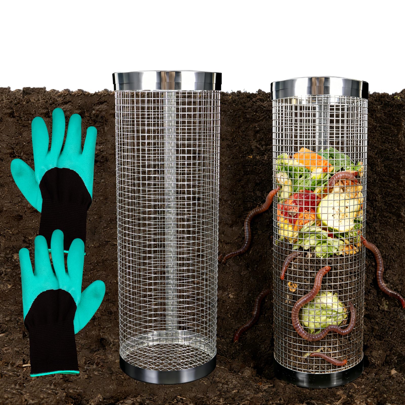Photo 1 of 2 Pack Underground Worm Composting Bin with Gardening Gloves - Small Round Metal Stainless Steel Composter for Family Garden, Outdoor Compost Bins (2)