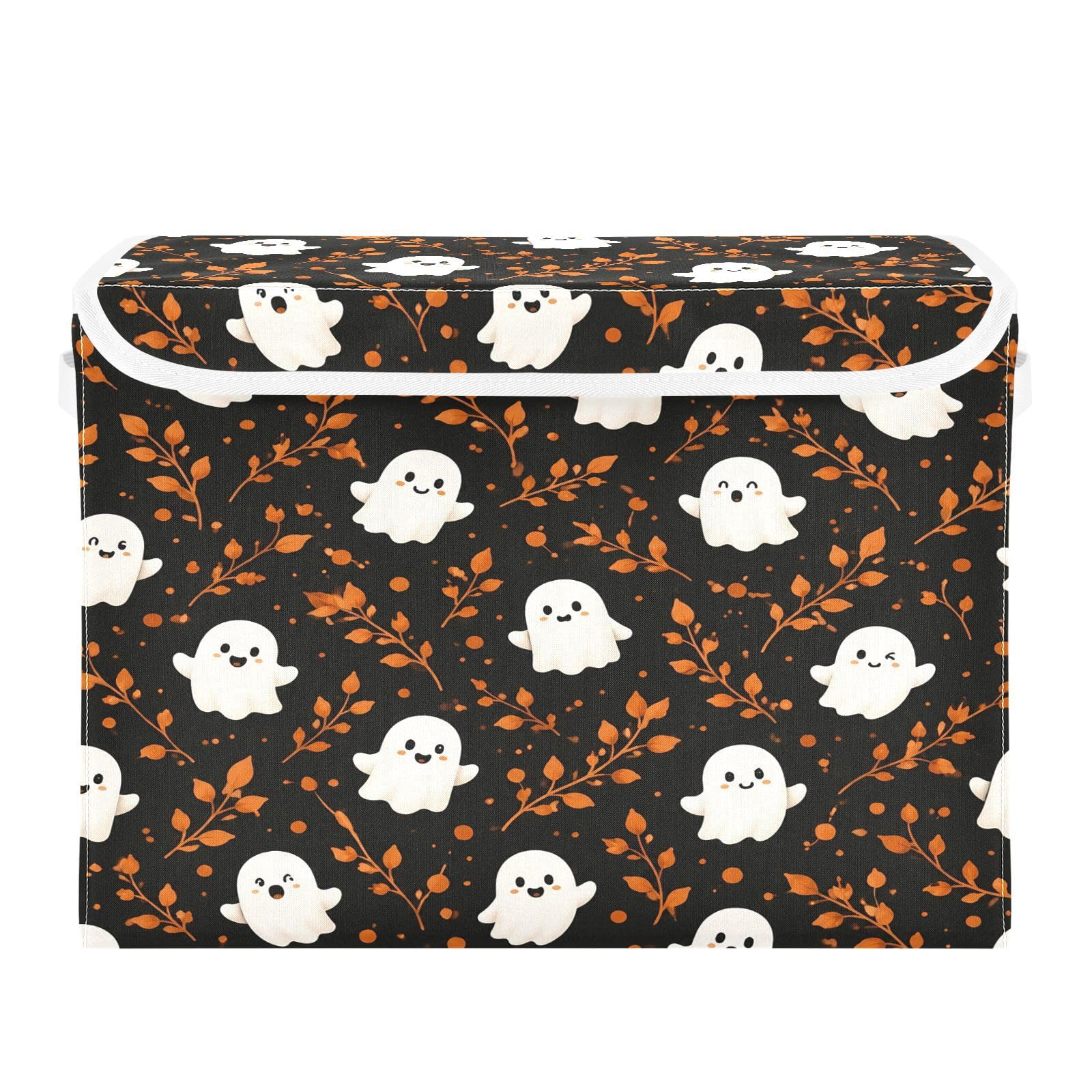 Ewusp Halloween Boo Fabric Storage Bin with Lid, Decorative Foldable Storage Basket with Handles, Stackable Closet Shelf Organiser Box for Clothes, Books, Bedroom, Living Room