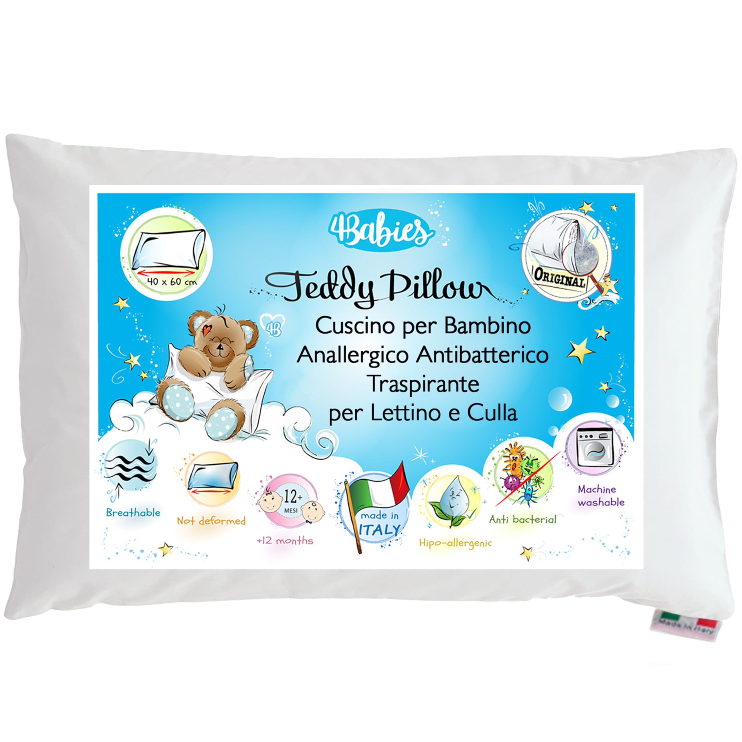 4BABIES - Cuscino Lettino Bambino 40x60, Cuscino per Bambini Traspirante Anallergico con rivestimento in Cotone 100% Italiano, Antiacaro Ipoallergenico per culla