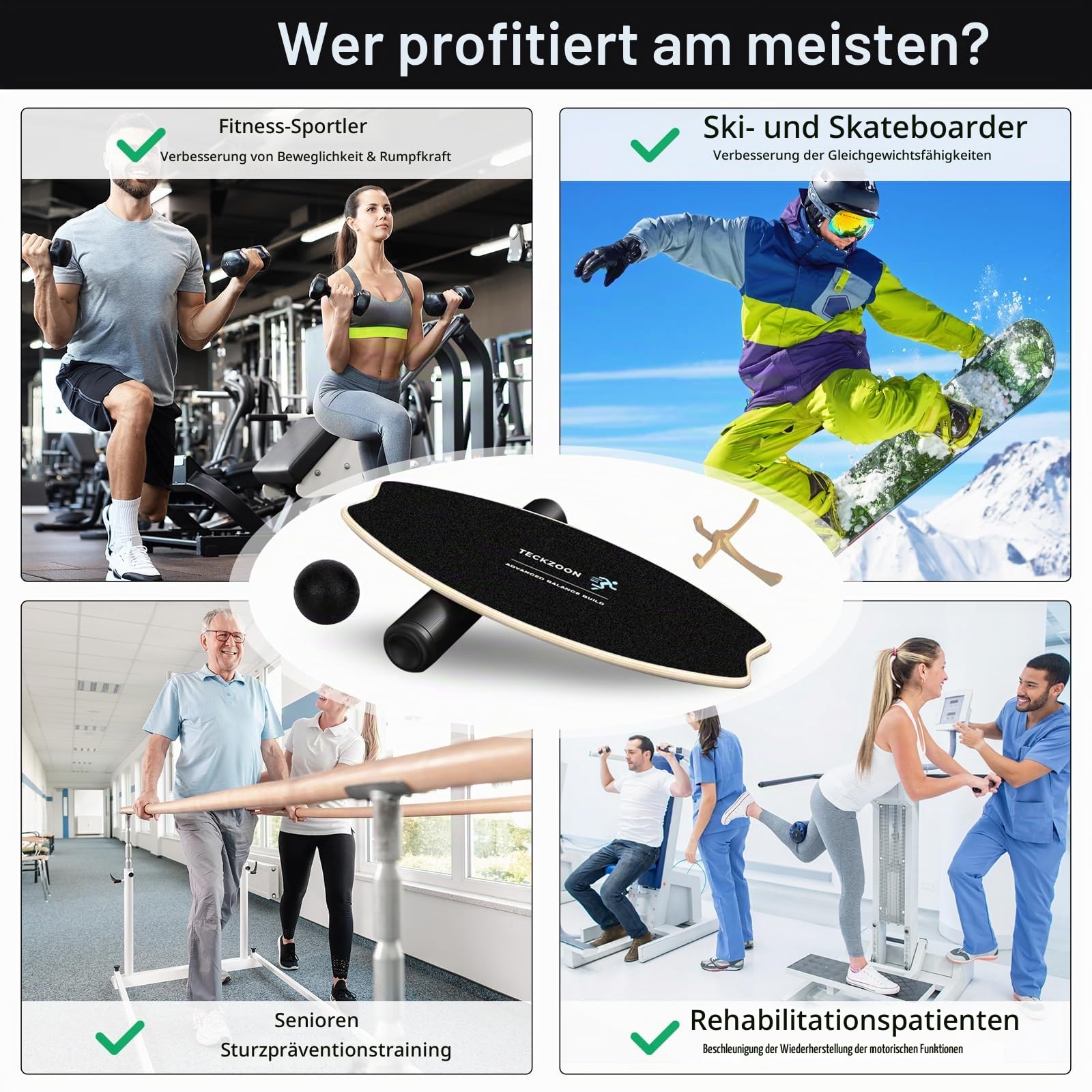 2025 Balance Board Holz, Profi Balance-Board mit Rolle, Balance Ball, Halterung, Multifunktion Indoor Skateboard & Surfboard für Kinder & Erwachsene, Trickboard für Fitness, Yoga & Reha