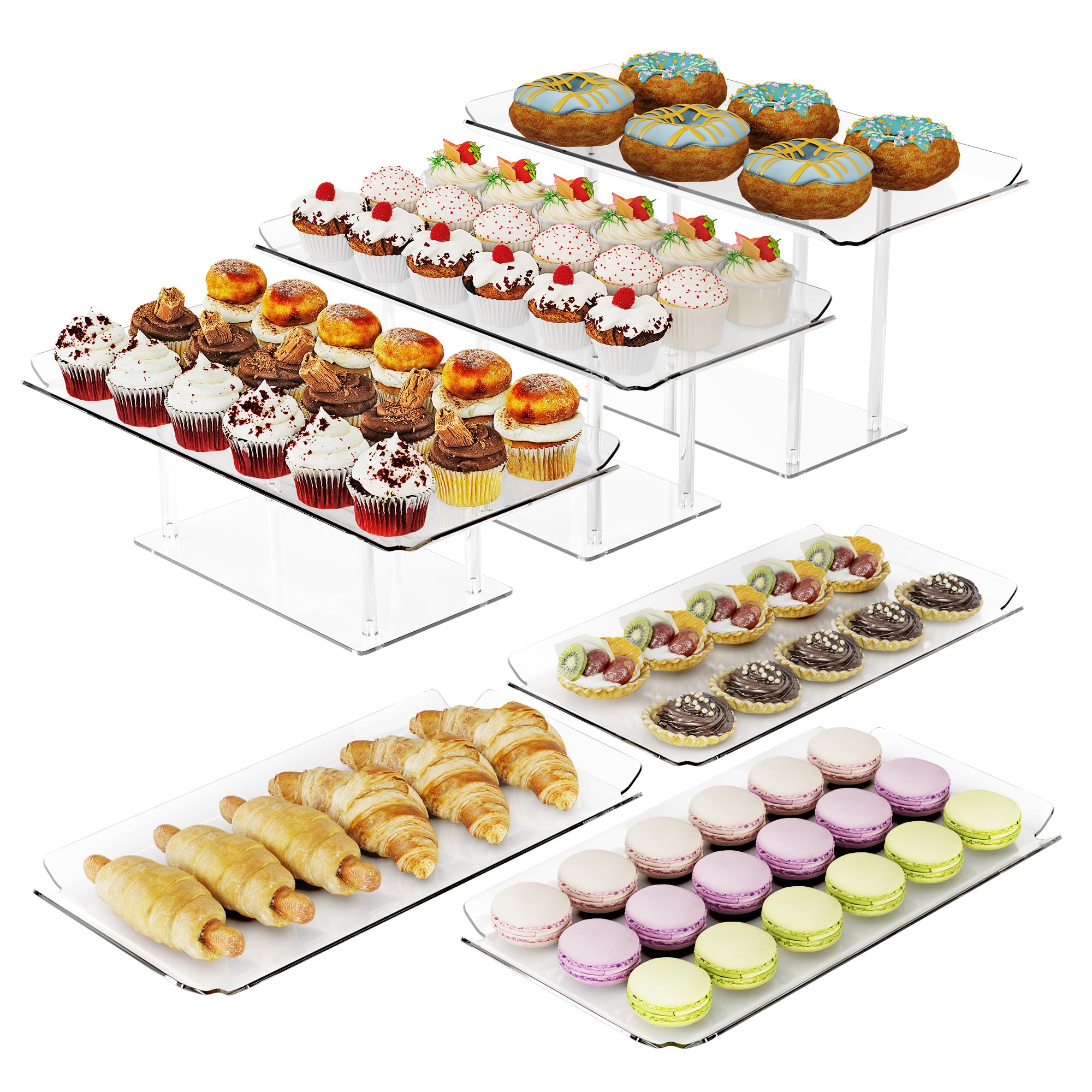Photo 1 of HeiMma 6 Pack Dessert Table Display Set, Clear Acrylic Dessert Display Stands with 3 Pack Dessert Tray Platters Buffet Risers for Pastry Food Fruit Candy Treat for Wedding Birthday Party
