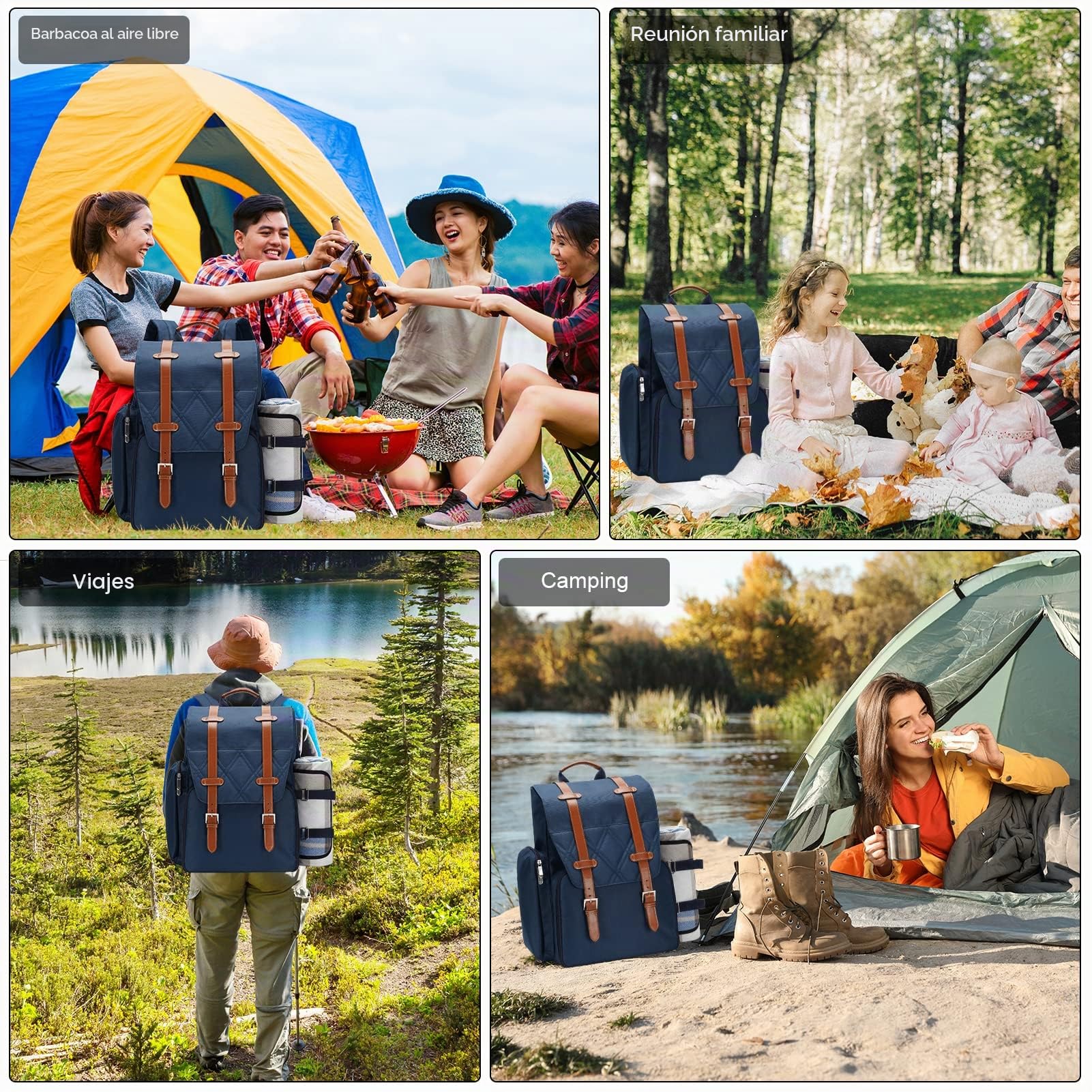 Mochila de picnic para 4 personas con bolsa térmica grande aislada, juego de cesta de picnic con bolsa de vino, manta de picnic impermeable y juego de cubiertos. Perfecto para camping, fiesta, regalo