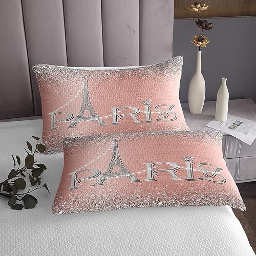 Miniatura 3 de Erosebridal Juego de edredón de la Torre Eiffel para niñas, juego de colcha romántica de París rosa y plateado, juego de colcha de diamantes con