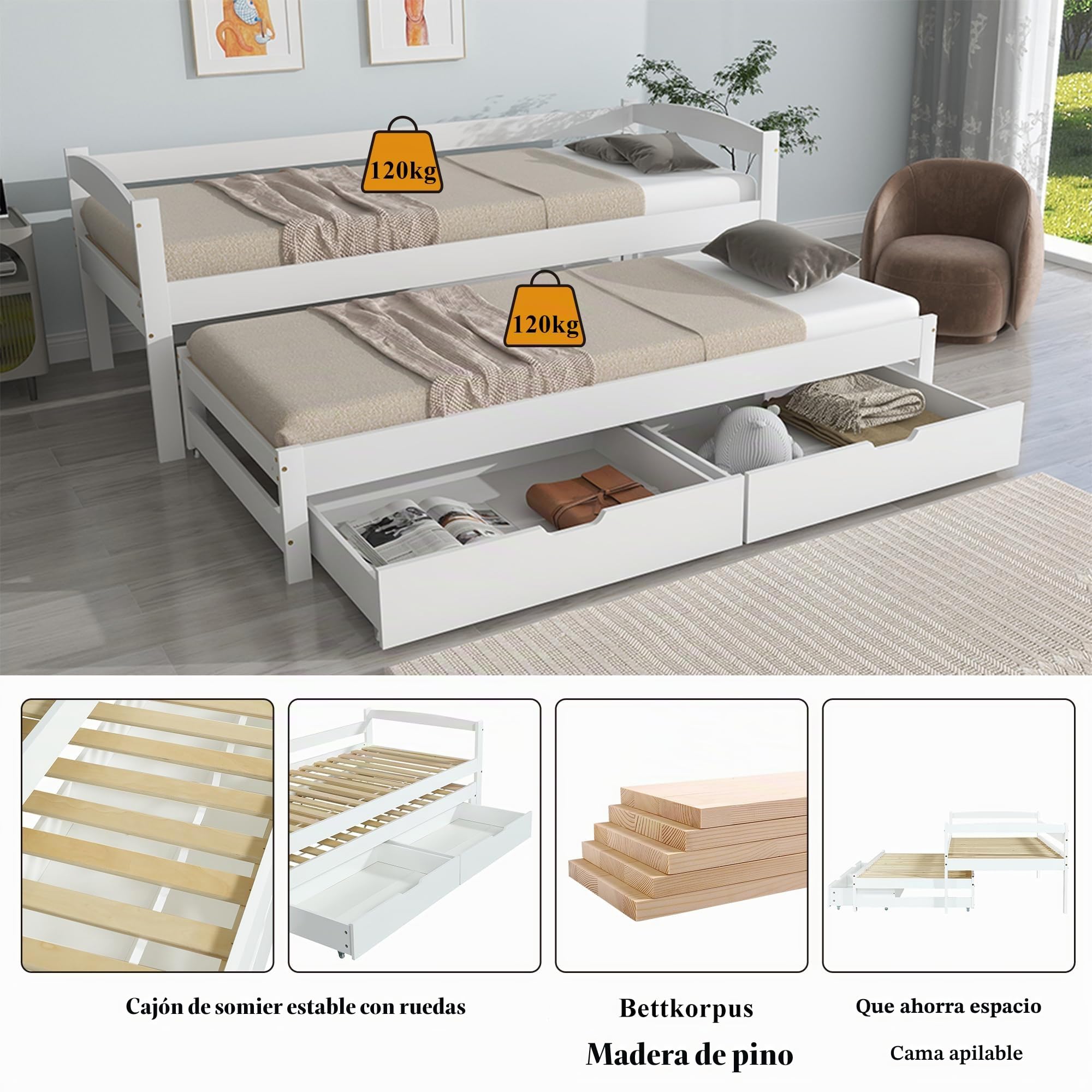 Merax Sofá cama 90 x 200 cm, cama de día con 2 cajones, cama funcional con somier, cama nido individual y doble, marco de madera maciza, para niñas y niños, color blanco